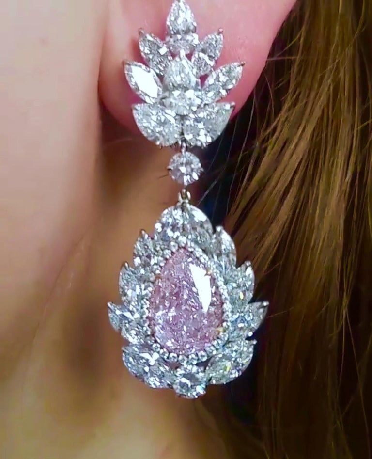 GIA Certified Pink Diamonds Platinum Ear Pendants For Sale at 1stdibs