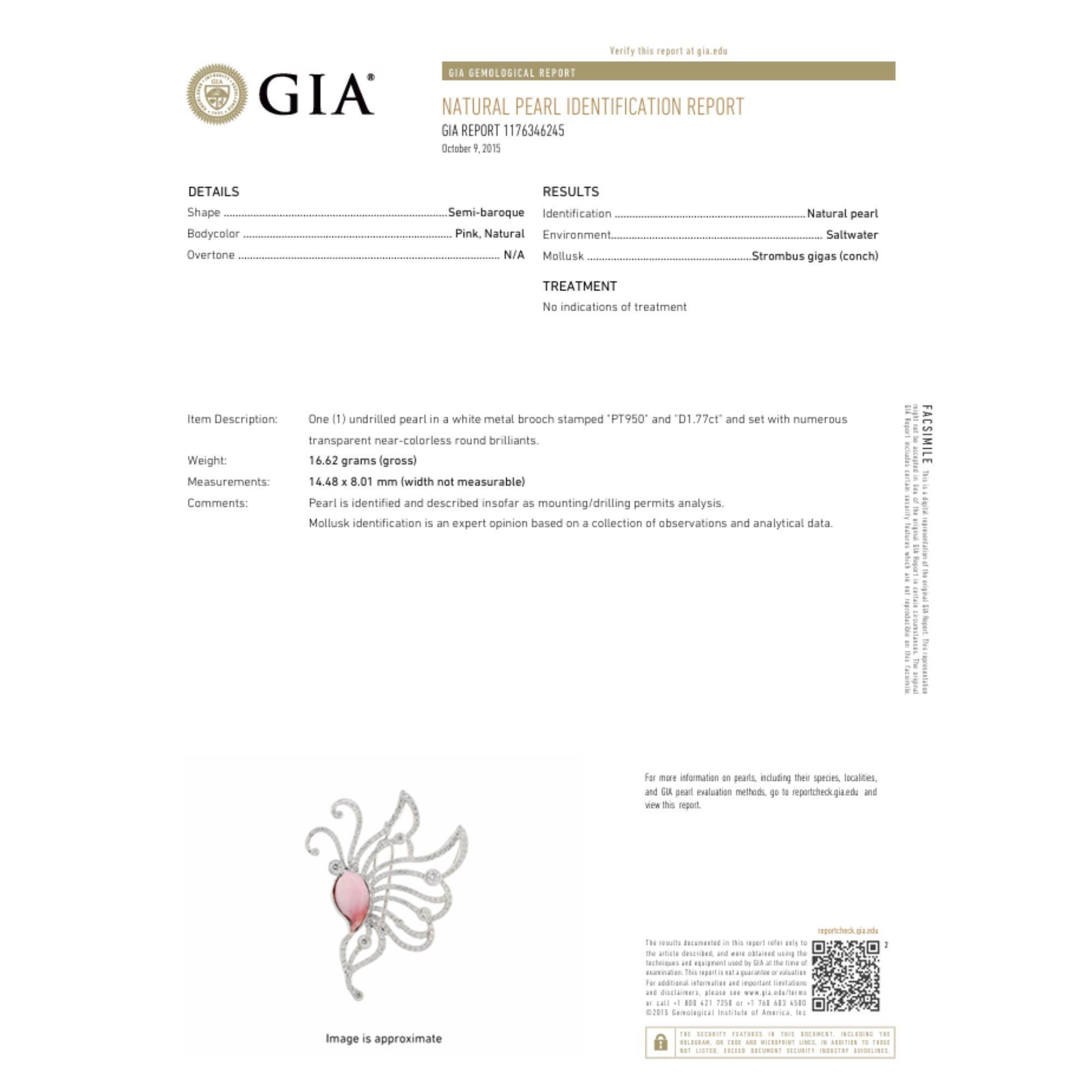 Broche en platine certifiée GIA, perle de conque rose naturelle et diamant en vente 1