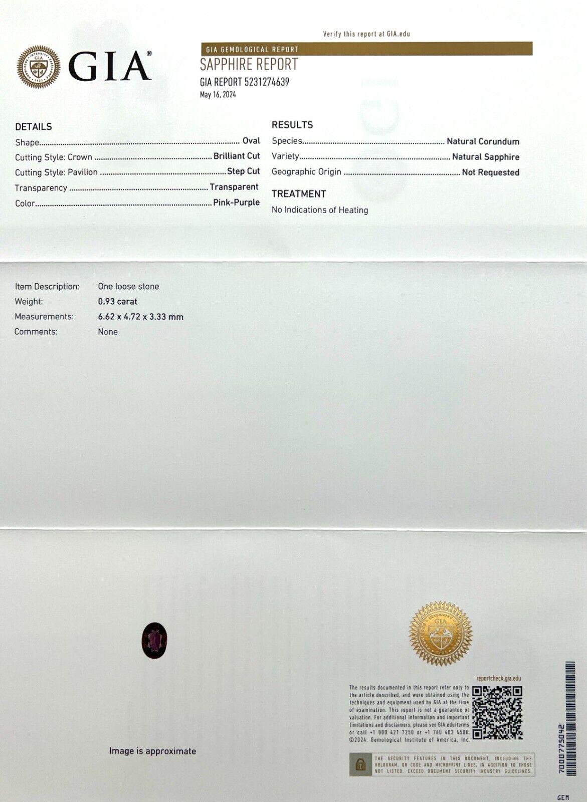 Gia Certified Pink Purple Sapphire Untreated 0.93ct Oval Cut Loose Gem 6.6x4.7mm In New Condition For Sale In Birmingham, GB