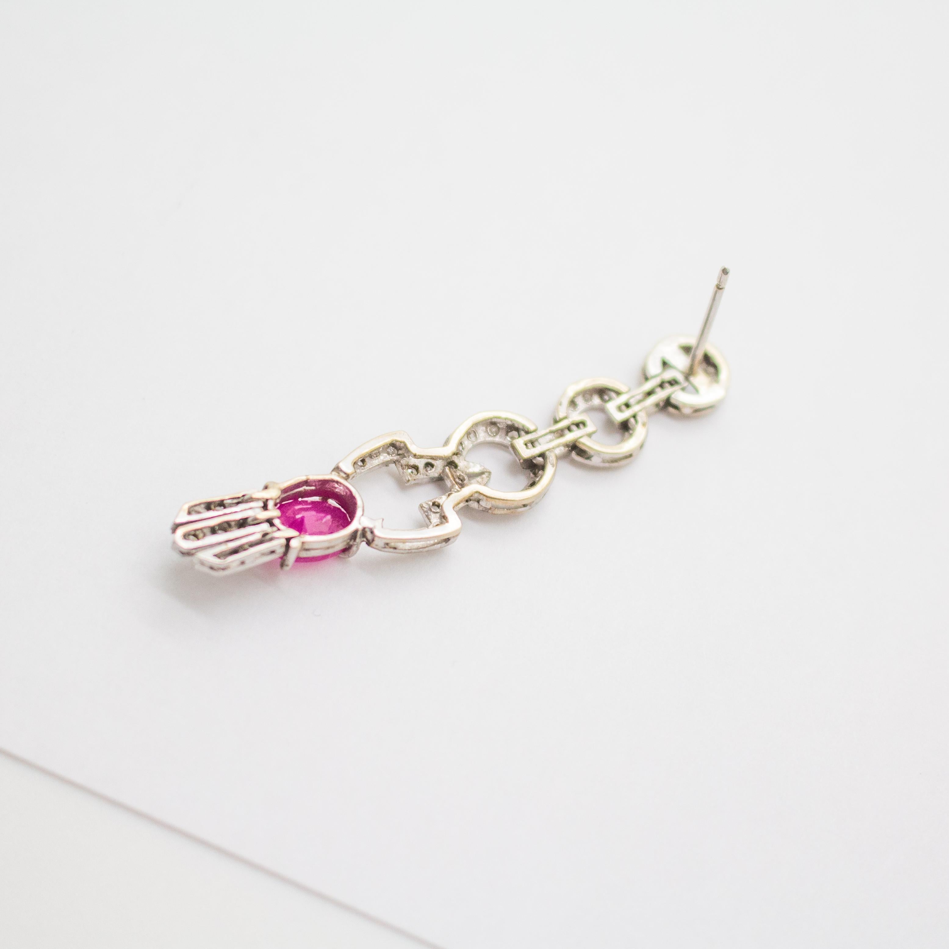 Retro GIA Certified Pink Ruby & White Diamond Vintage Drop Earring in 14k Gold