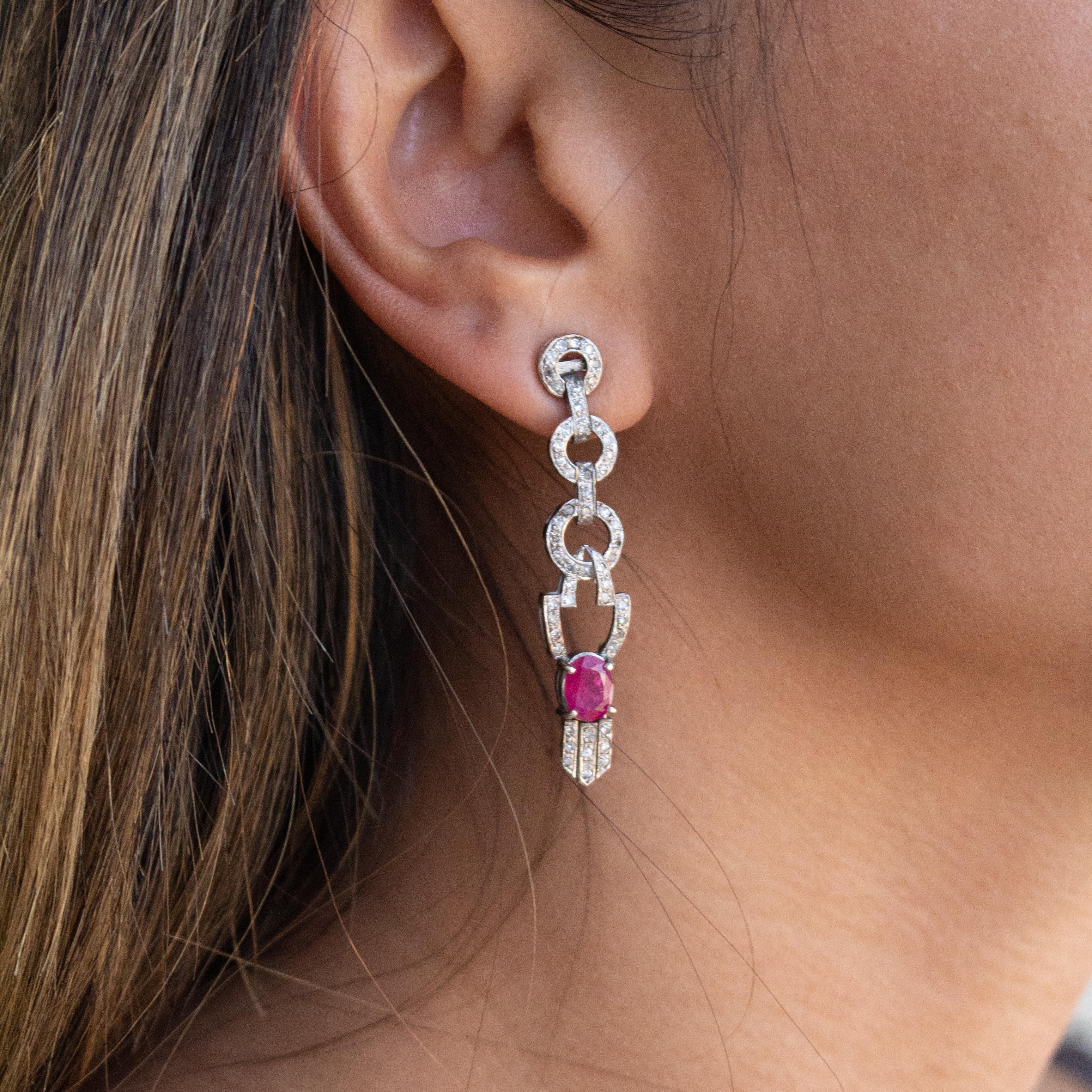 Oval Cut GIA Certified Pink Ruby & White Diamond Vintage Drop Earring in 14k Gold