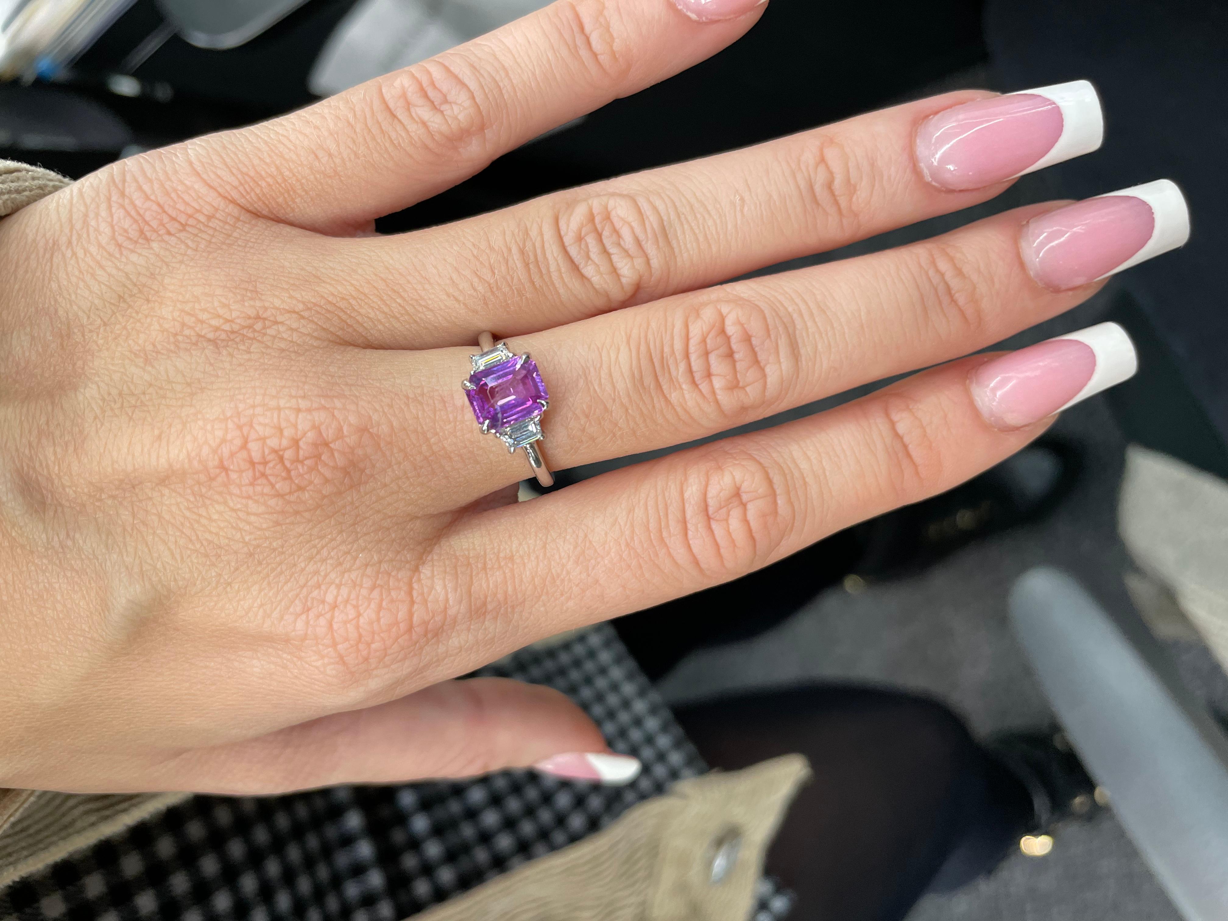 GIA Certified Pink Sapphire 3 Stone Diamond Ring 2.16 Carats Platinum No Heat 4