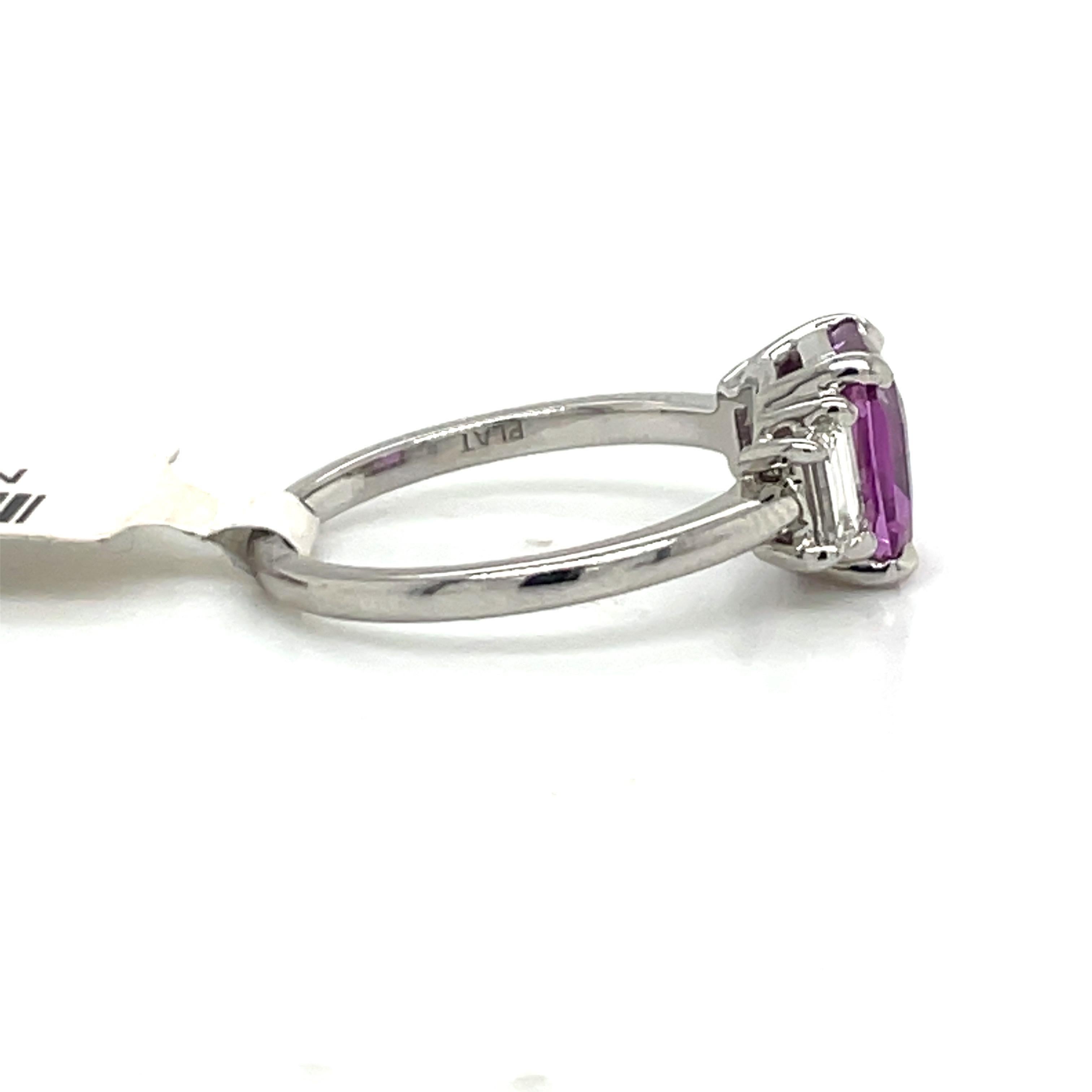 GIA Certified Pink Sapphire 3 Stone Diamond Ring 2.16 Carats Platinum No Heat In New Condition In New York, NY