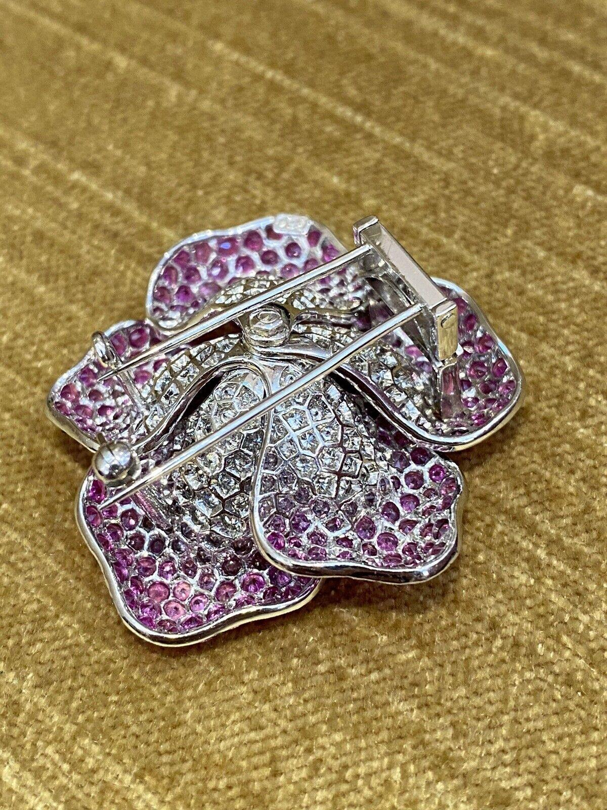 Women's or Men's GIA Certified Pink Sapphire Diamond Flower Pin/Brooch in 18k White Gold For Sale