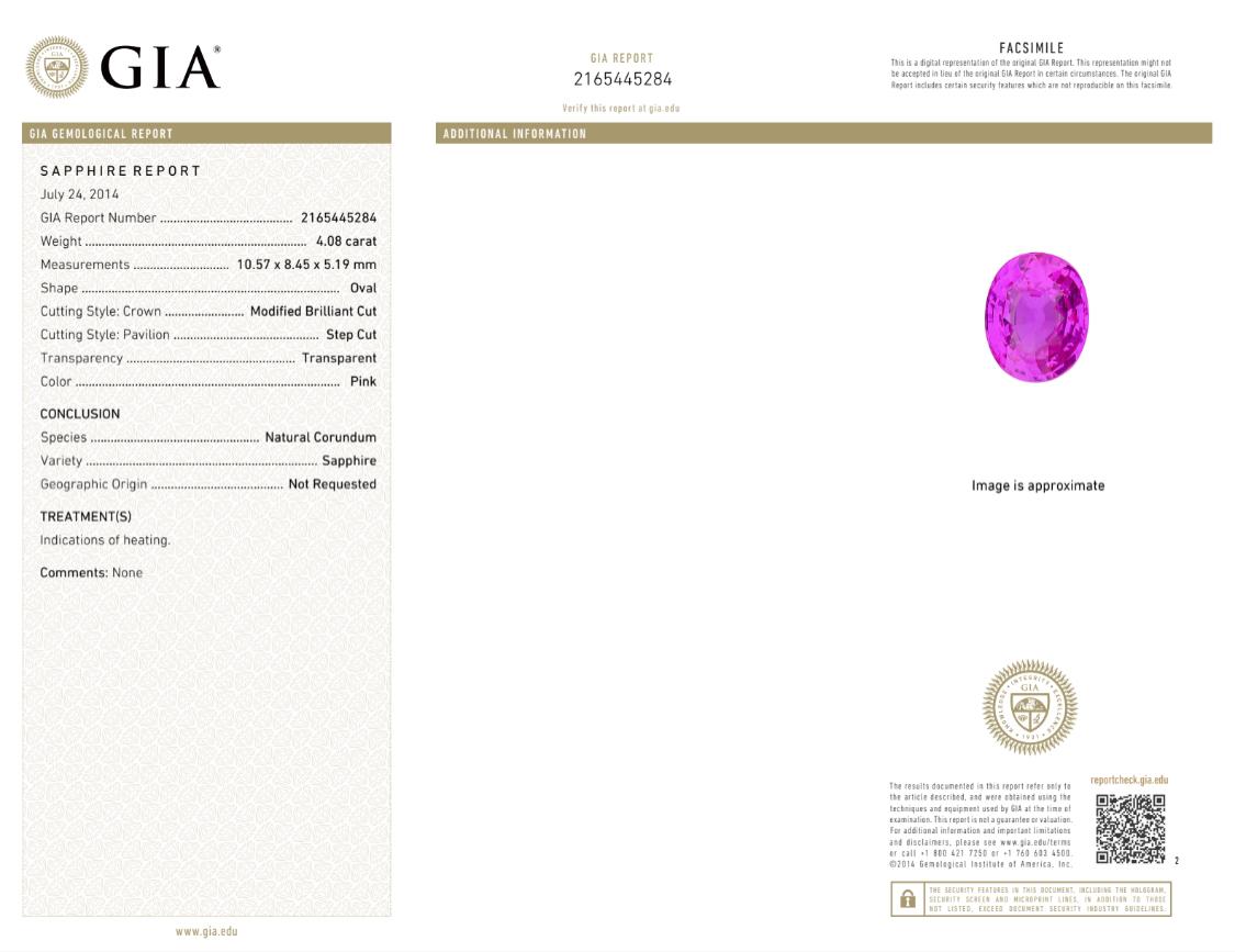 GIA Certified Pink Sapphire & Diamond Ring in 18K White Gold In New Condition In New York, NY