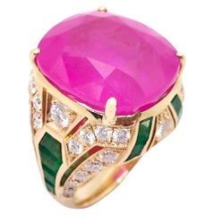 GIA Certified Pink Sapphire, Emerald and Diamond Ring set in 18K Rose Gold