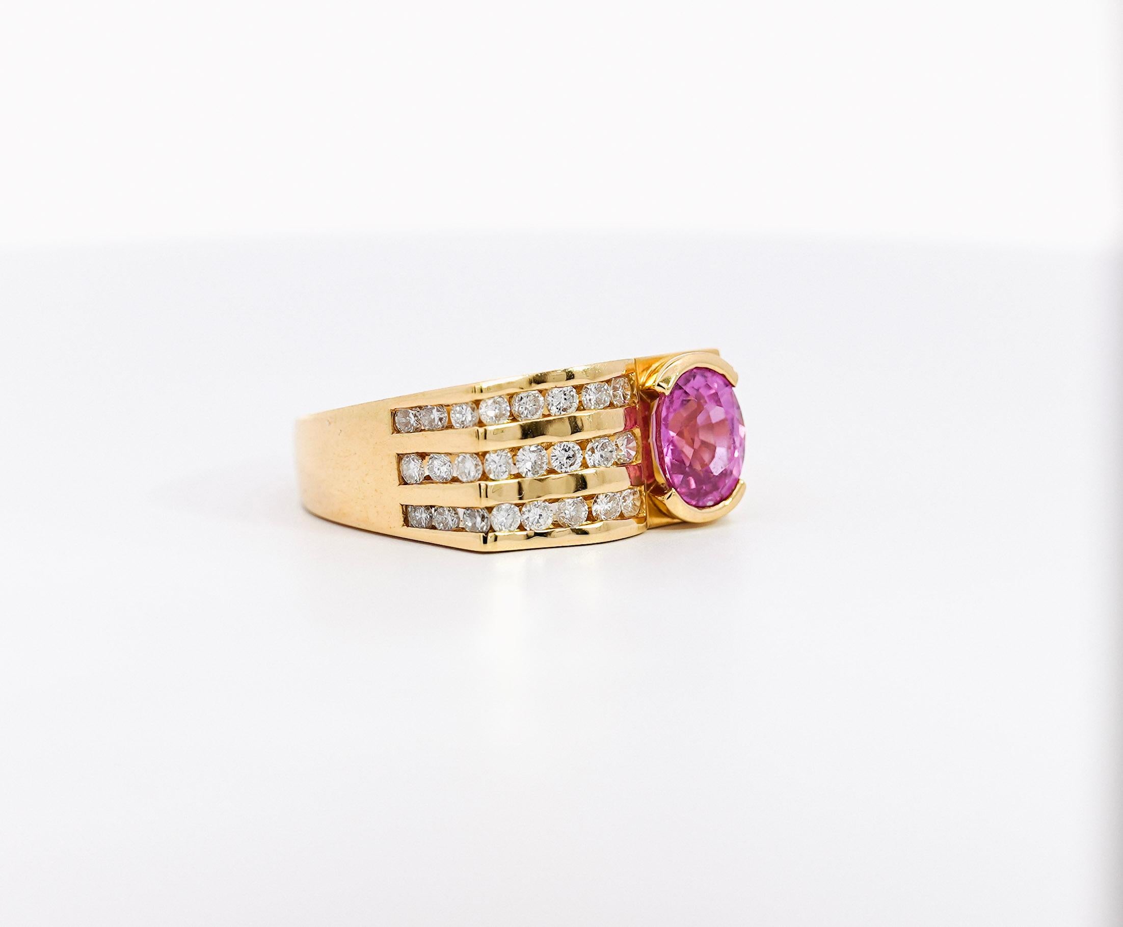 Art Deco GIA Certified Pink Sapphire Half Bezel Ring & Channel Set Diamonds in 18K Gold For Sale