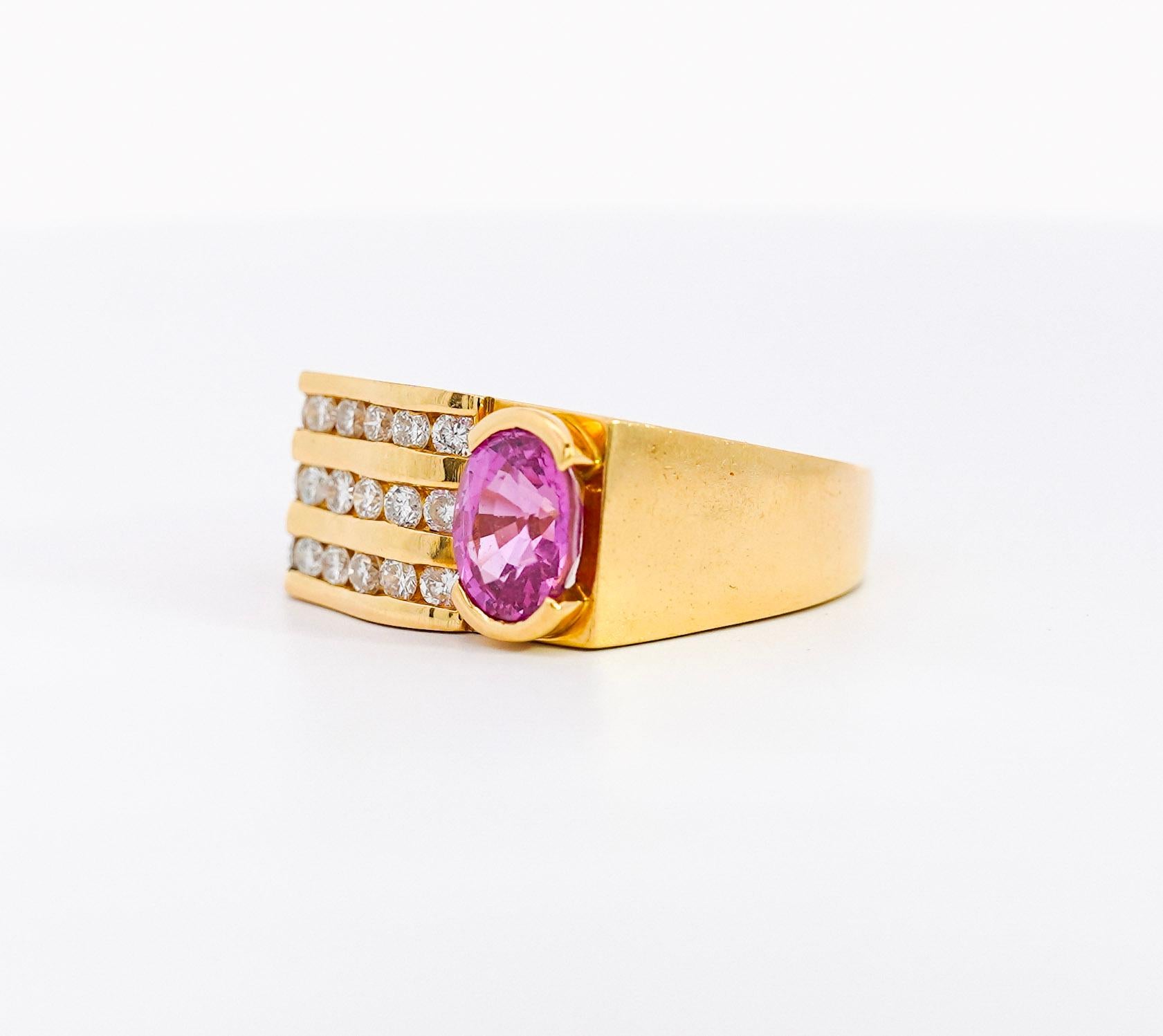 Oval Cut GIA Certified Pink Sapphire Half Bezel Ring & Channel Set Diamonds in 18K Gold For Sale