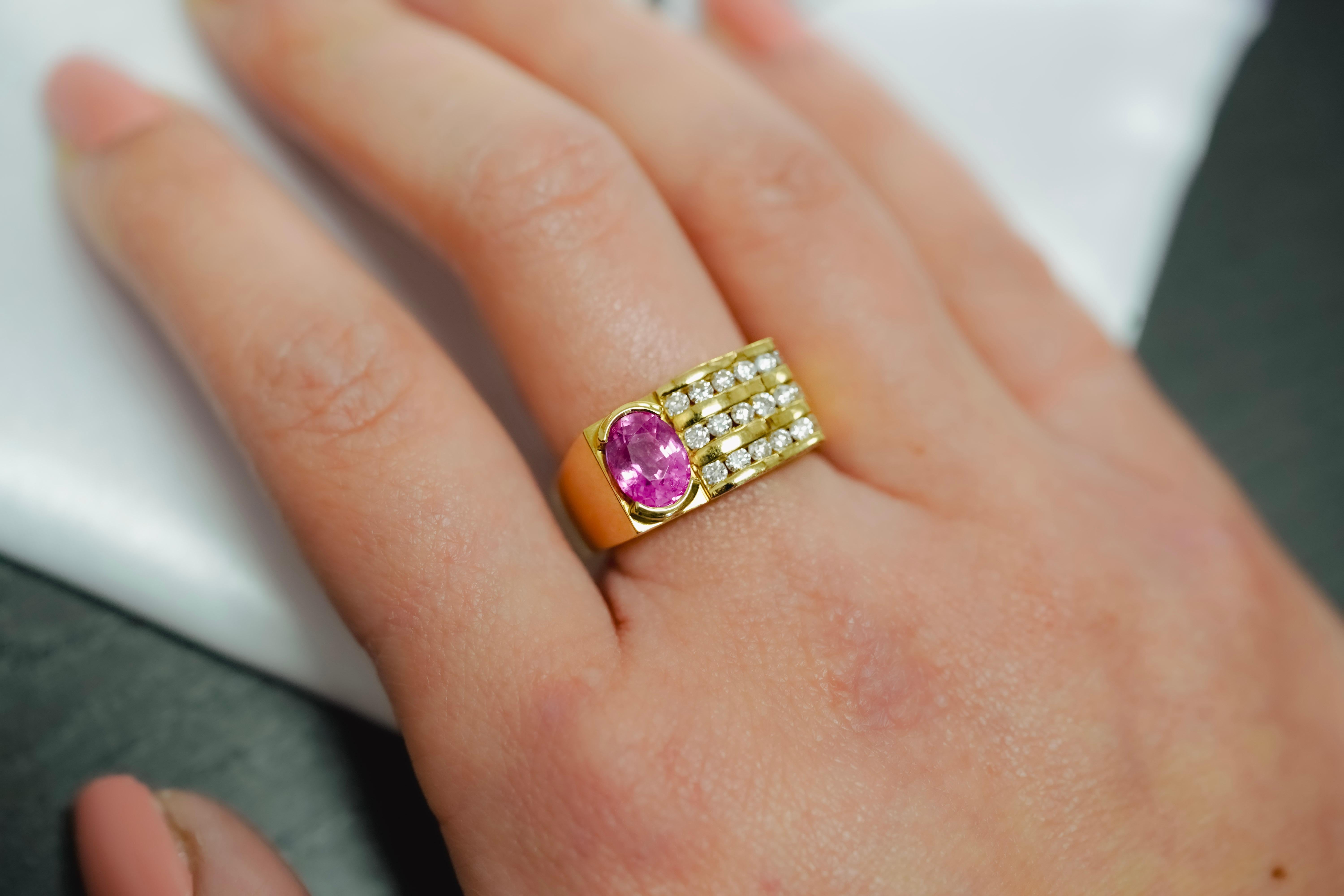 Women's GIA Certified Pink Sapphire Half Bezel Ring & Channel Set Diamonds in 18K Gold For Sale