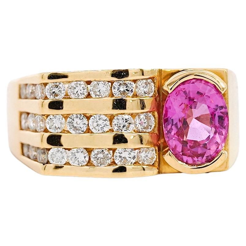 GIA Certified Pink Sapphire Half Bezel Ring & Channel Set Diamonds in 18K Gold For Sale