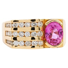 GIA-zertifizierter rosa Saphir-Ring mit halber Lünette und Diamanten in Kanalfassung aus 18K Gold