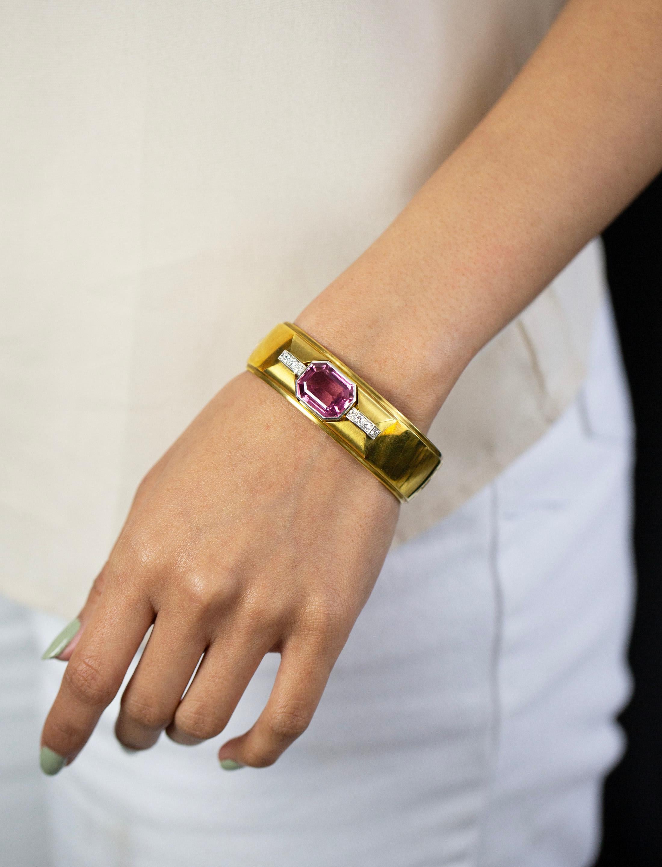 Emerald Cut GIA Certified 10.50 Carats Octagonal Pink Tourmaline Bangle Bracelet in Two-Tone For Sale