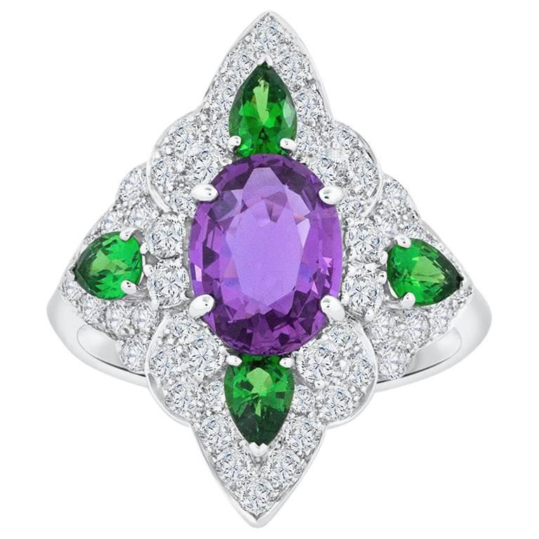 GIA Certified Pinkish Purple Sapphire Tsavorite and Diamond Fashion Ring