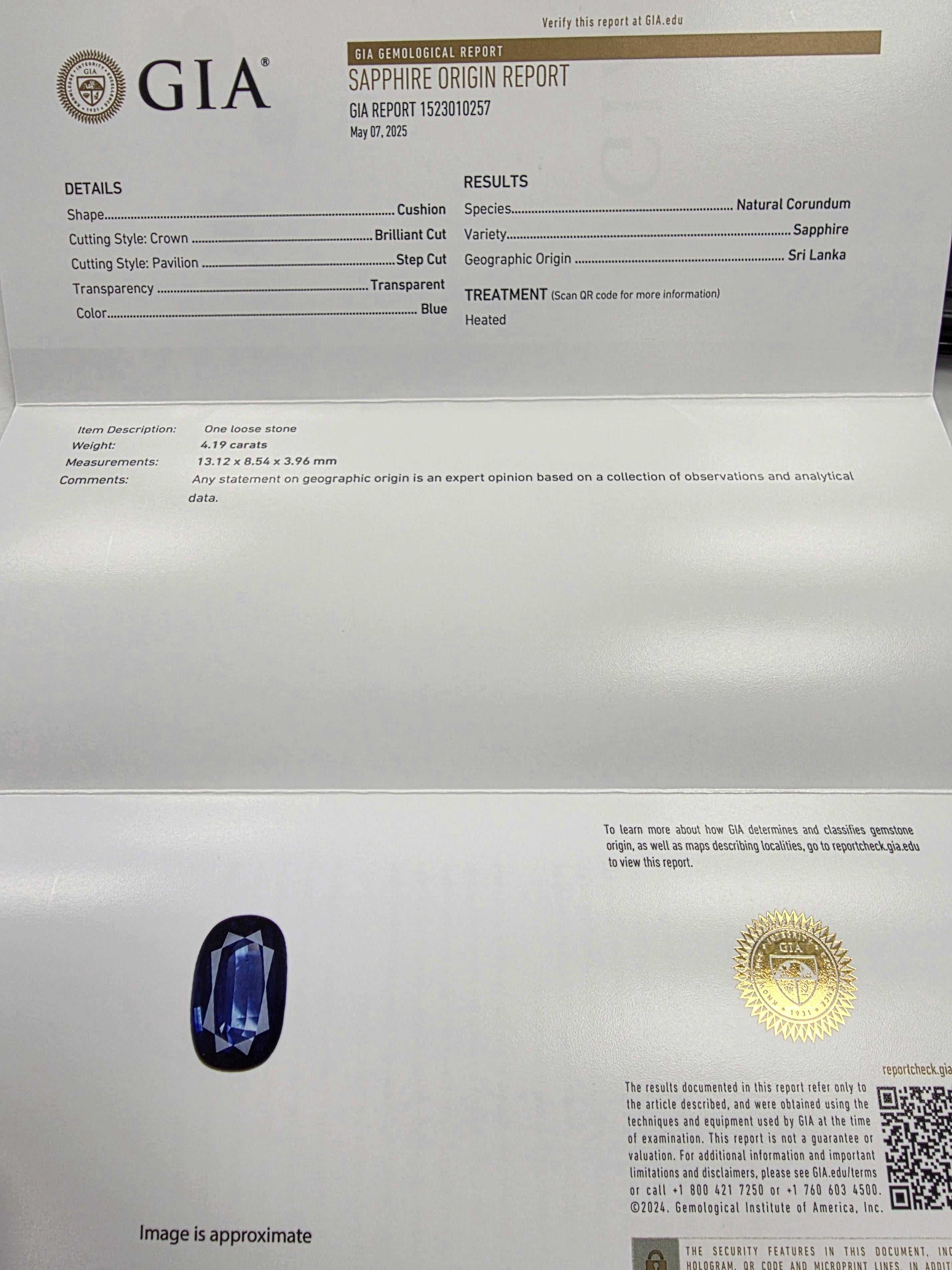 Bague saphir et diamant ovale allongé de 4,19 carats certifiée par la GIA en vente 1