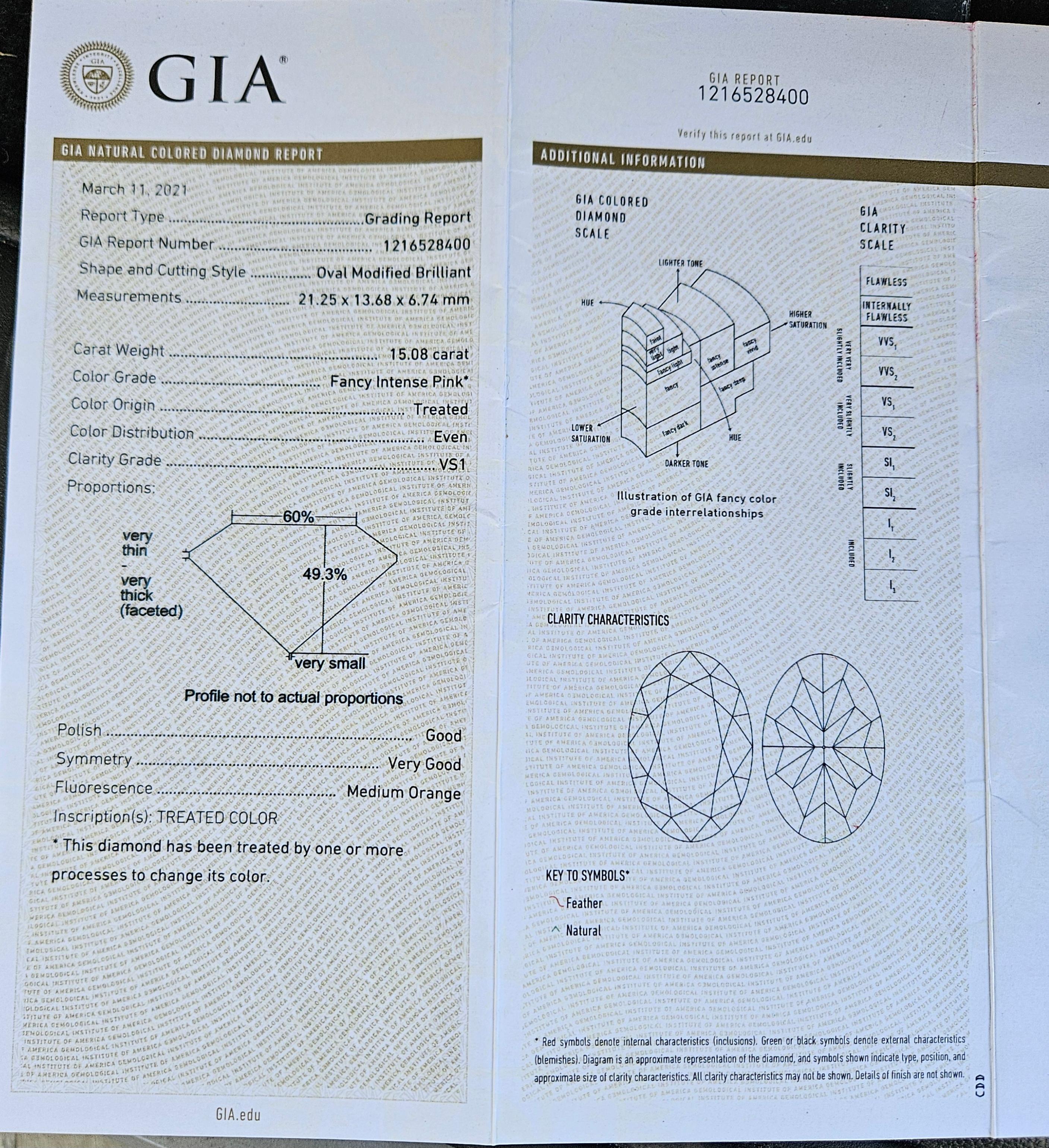 GIA Certified Platinum 15 Carat Fancy Intense Enhanced Pink Diamond Ring (bague en platine certifié GIA de 15 carats) en vente 10