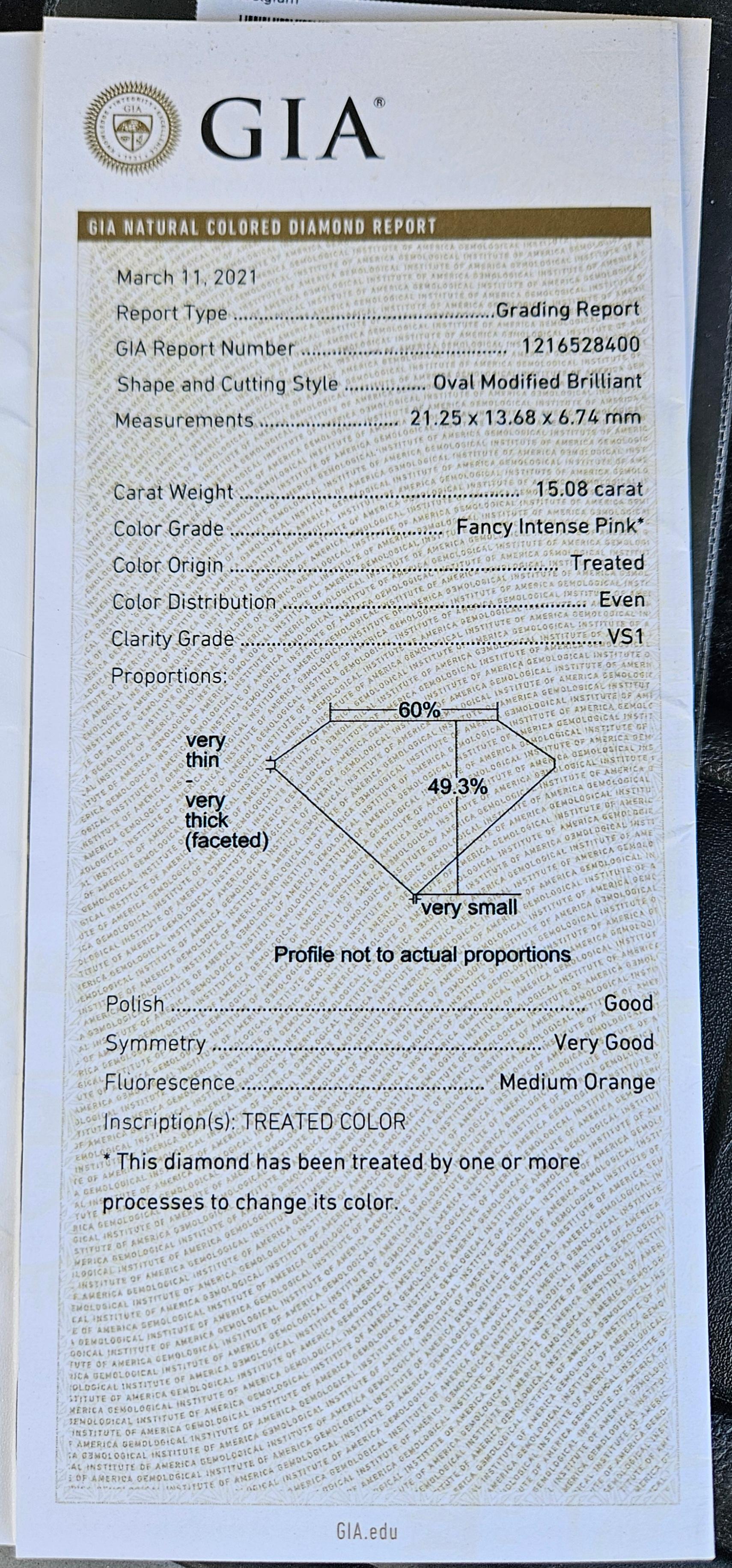 GIA Certified Platinum 15 Carat Fancy Intense Enhanced Pink Diamond Ring (bague en platine certifié GIA de 15 carats) en vente 11