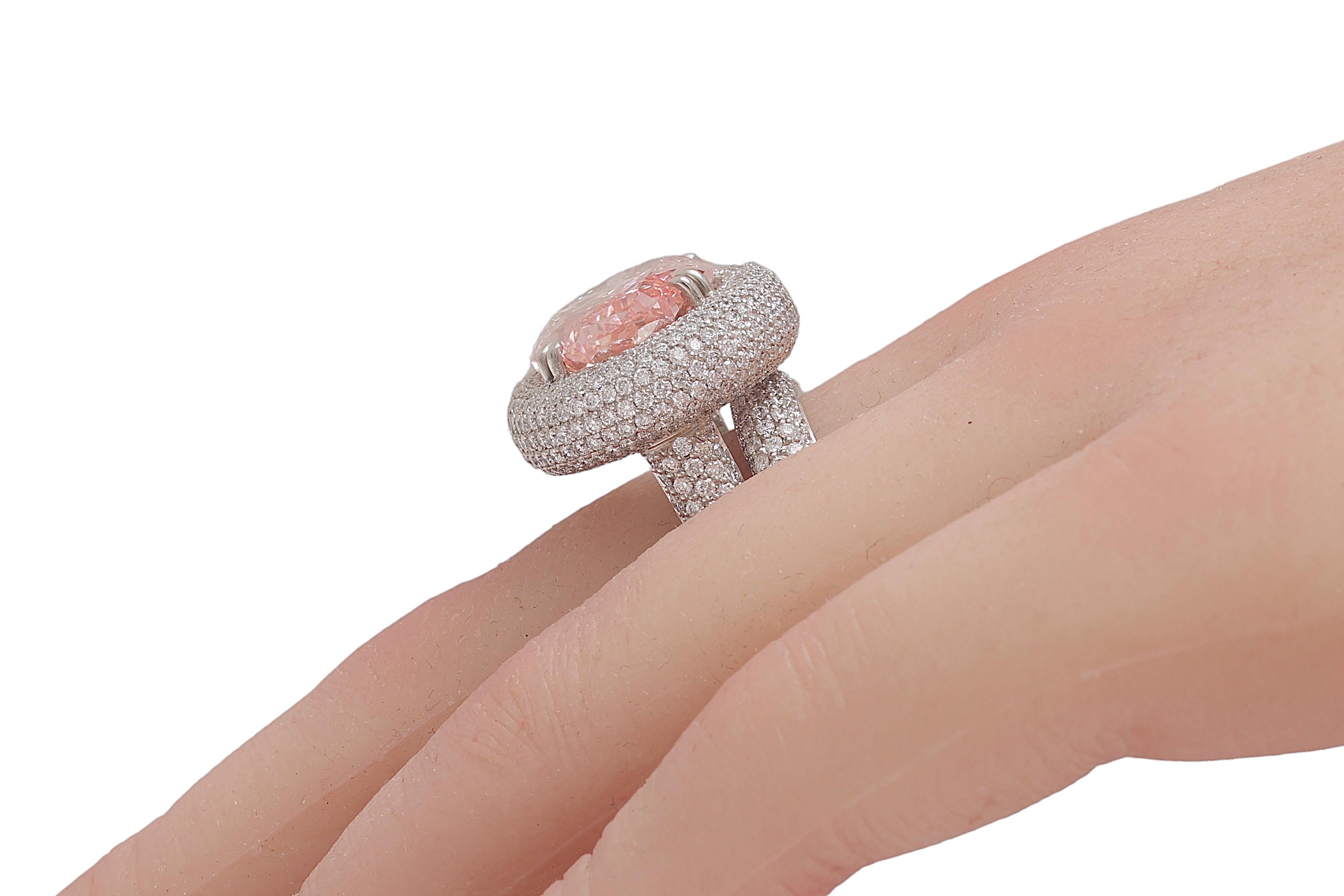 Oval Cut GIA Certified Platinum 15 Carat Fancy Intense Enhanced Pink Diamond Ring  For Sale