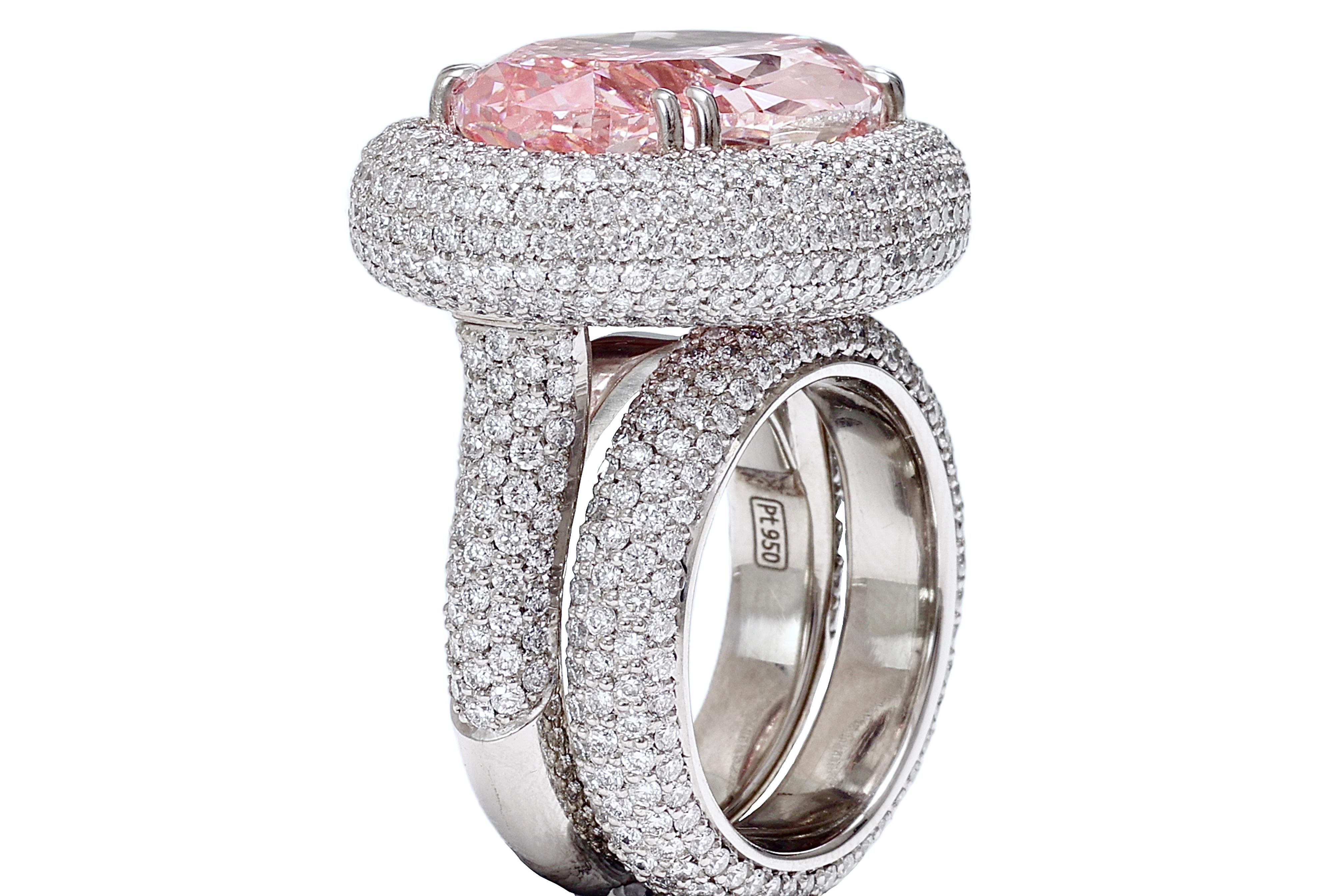 GIA Certified Platinum 15 Carat Fancy Intense Enhanced Pink Diamond Ring  For Sale 1