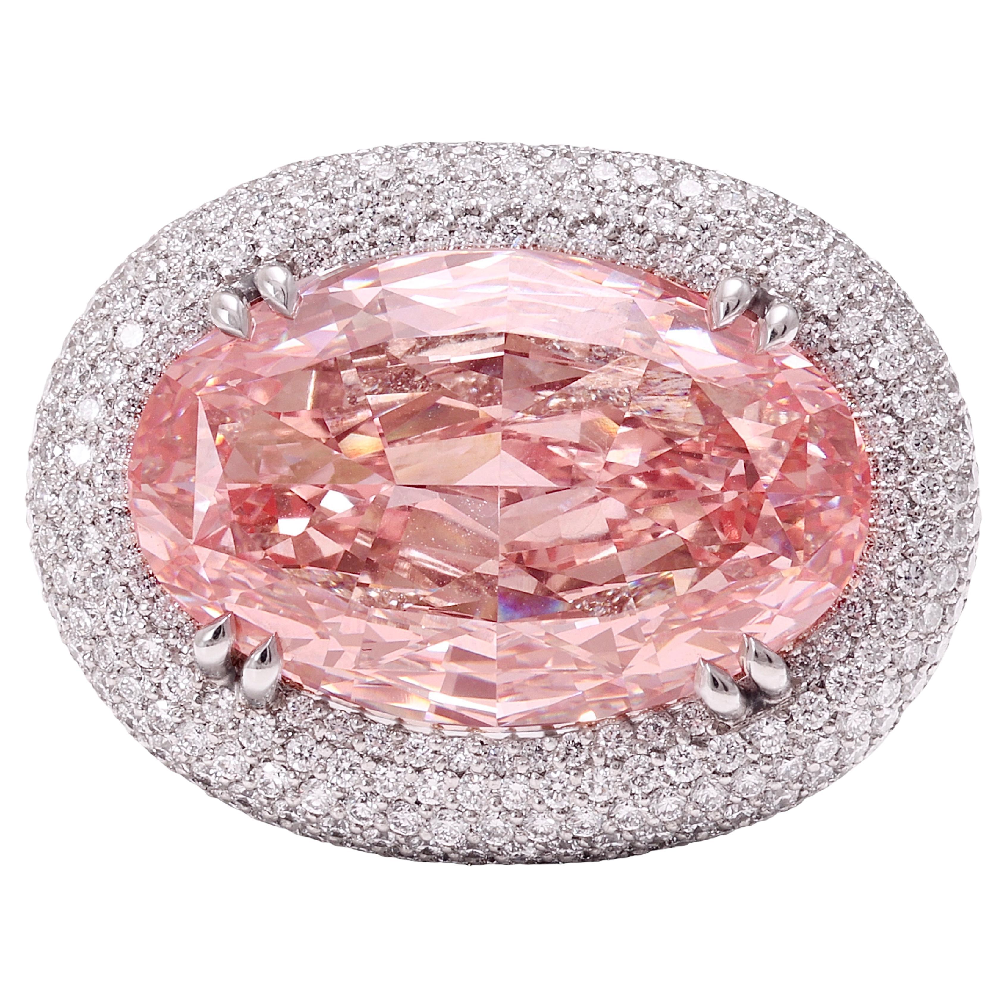 GIA Certified Platinum 15 Carat Fancy Intense Enhanced Pink Diamond Ring  For Sale