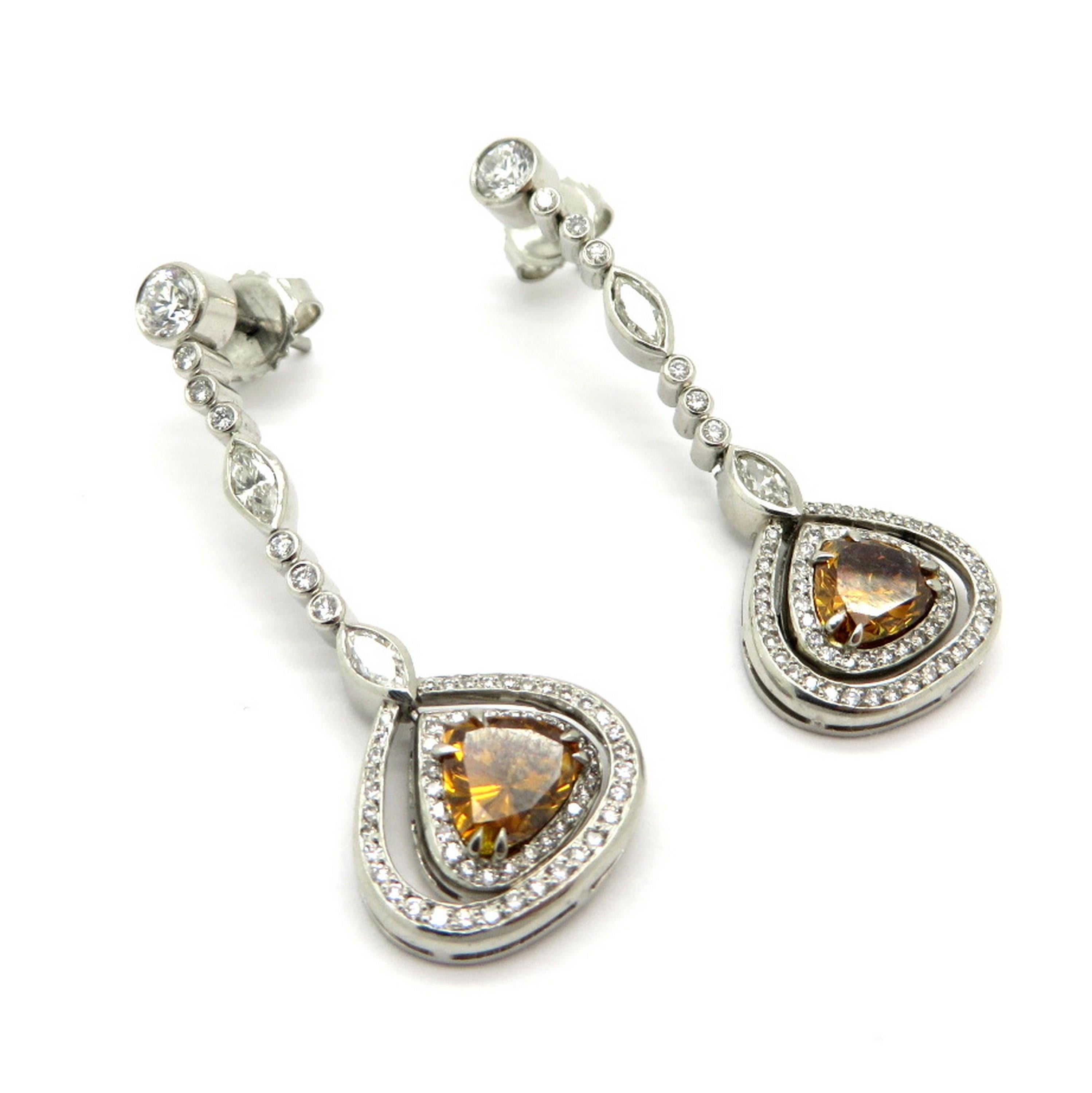 GIA Certified Platinum and 18 Karat Gold Brown and White Diamond Dangle Earrings In Excellent Condition For Sale In Scottsdale, AZ