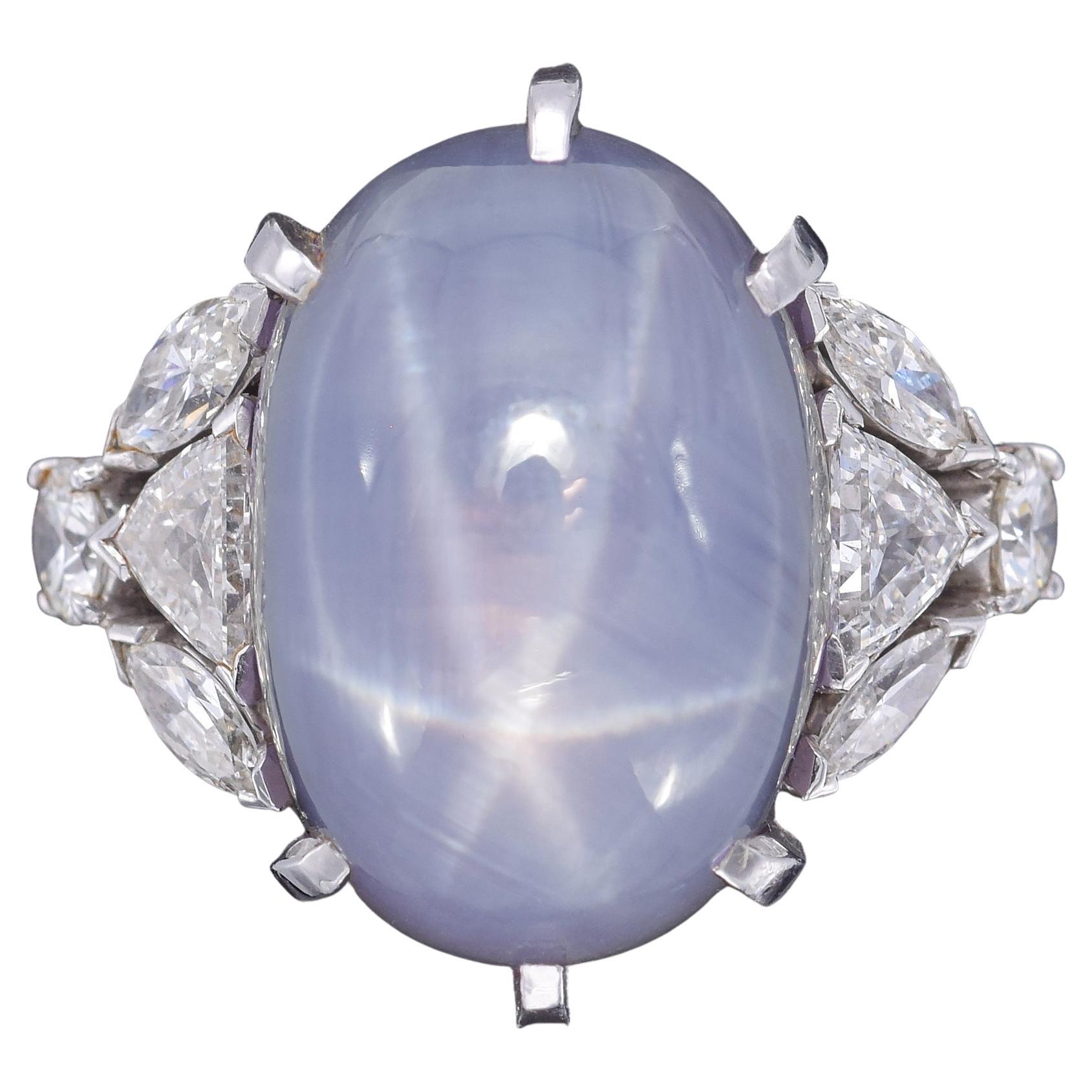 GIA Report Certified 32.02 Ct Natural Star Sapphire Diamond Platinum Ring