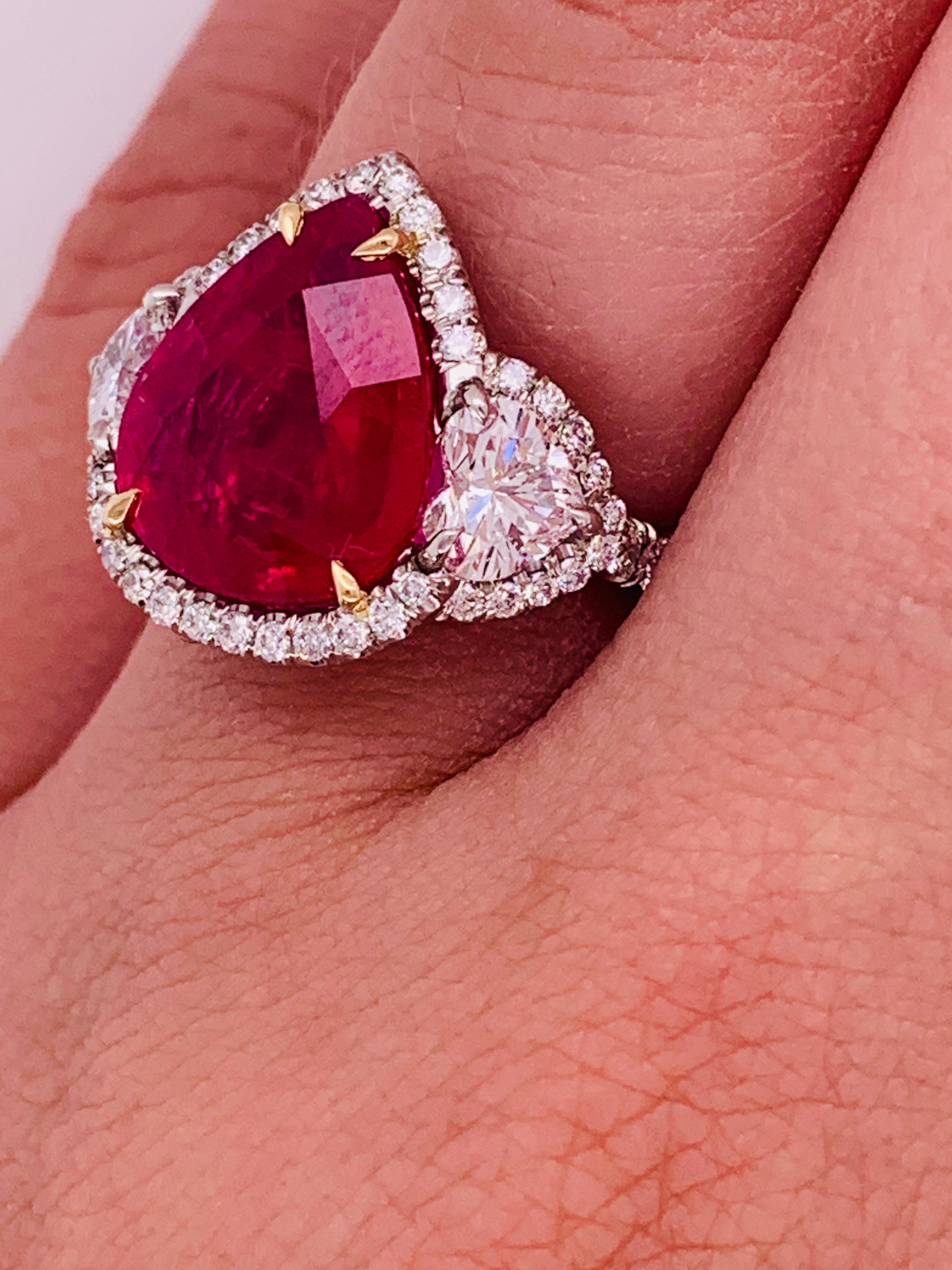 Pear Cut GIA Certified Platinum 6.27 Carat Ruby Diamond Ring For Sale