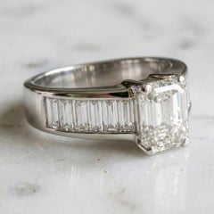 GIA Certified Platinum 900 Emerald Cut Diamond Ring with Baguette Side Stones