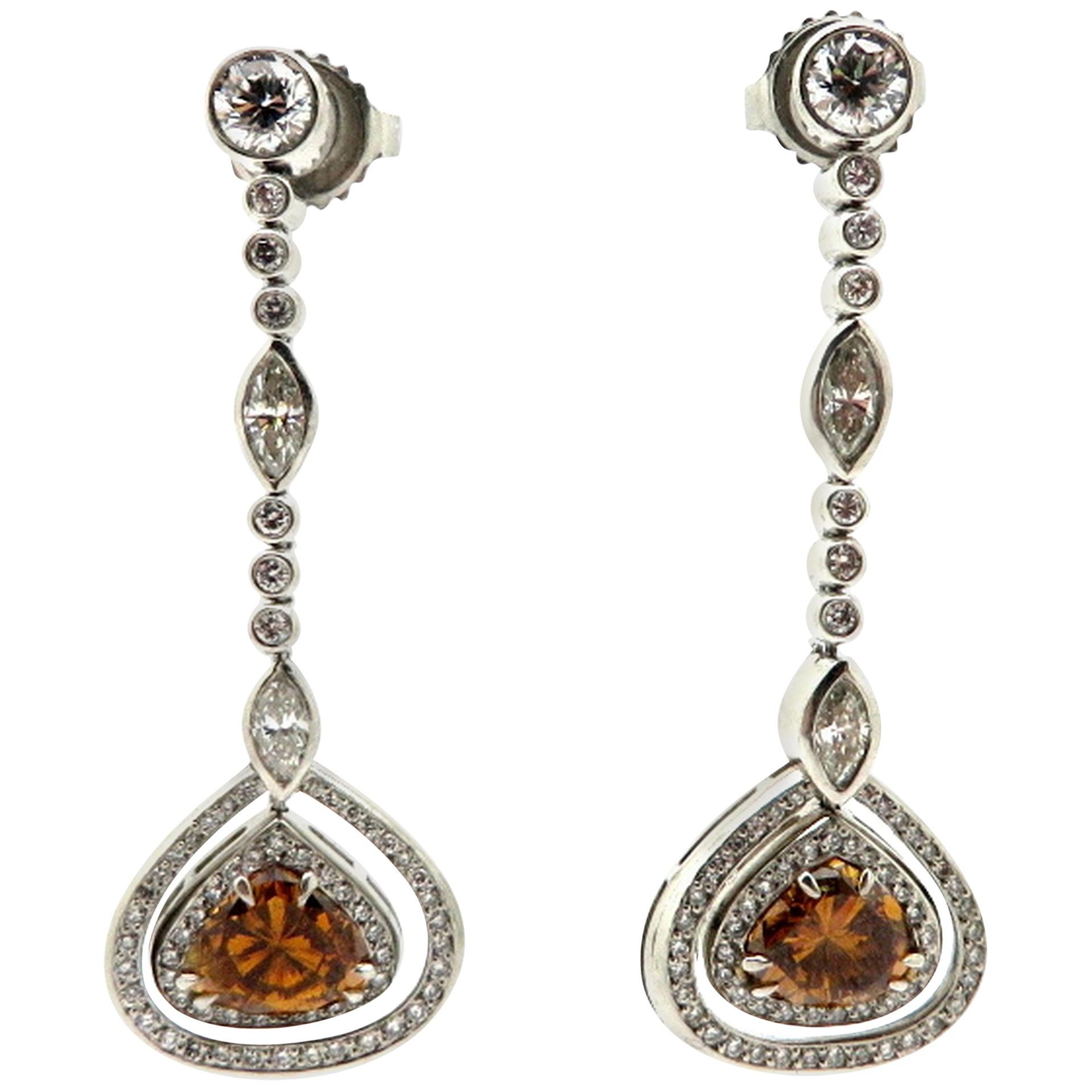GIA Certified Platinum and 18 Karat Gold Brown and White Diamond Dangle Earrings For Sale