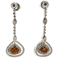 GIA Certified Platinum and 18 Karat Gold Brown and White Diamond Dangle Earrings