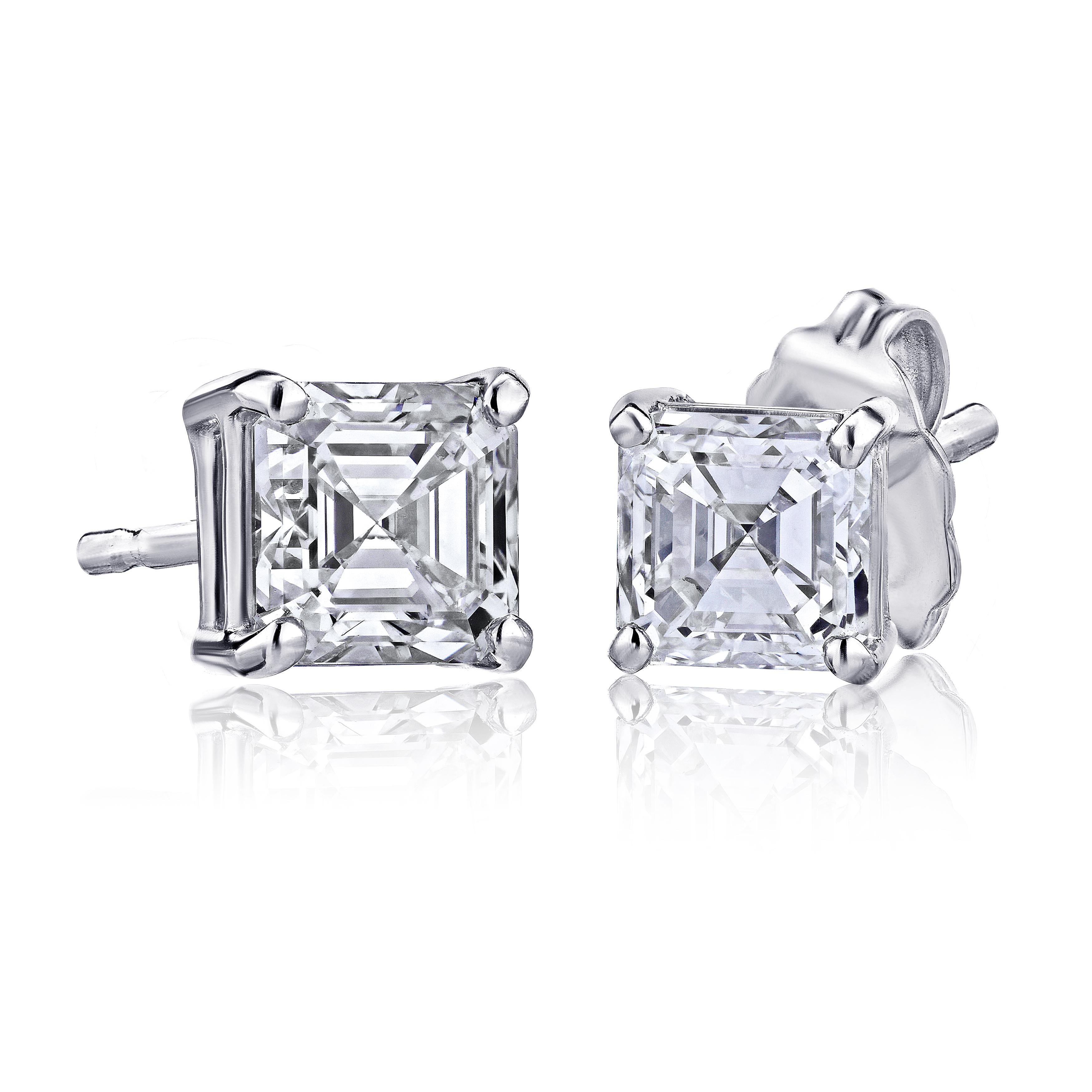 Contemporary GIA Certified Platinum Ascher Cut Diamond Studs 0.75 Carat Total
