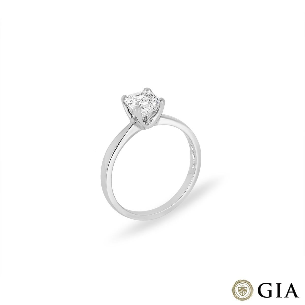 A captivating diamond solitaire ring. The ring is set with an asscher cut diamond weighing 0.97ct, F colour and VVS2 clarity. It measures 2mm in width, has a gross weight of 3.73 grams and is currently a UK size M½/ US size 6 1/4/ EU size 53 but can