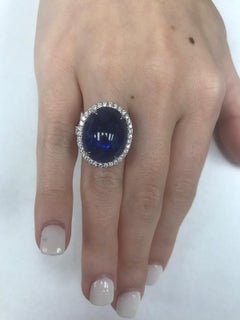 GIA Certified Platinum Cabochon Cut Sapphire and Diamond Ring