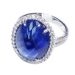 GIA Certified Platinum Cabochon Cut Sapphire and Diamond Ring