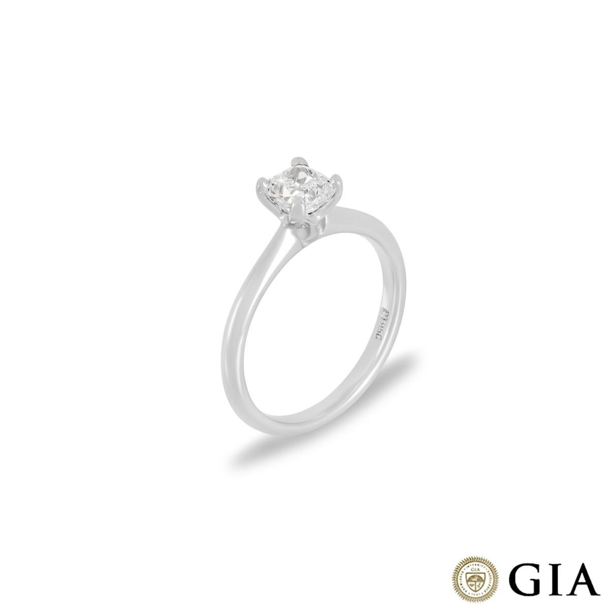 A beautiful platinum cushion cut diamond ring. The platinum ring comprises of a cushion cut diamond in a four claw setting with a weight of 0.81ct, H colour and VVS1 clarity. The ring is a size UK M½, EU 52½ and US 6 1⁄4 but can be adjusted for a