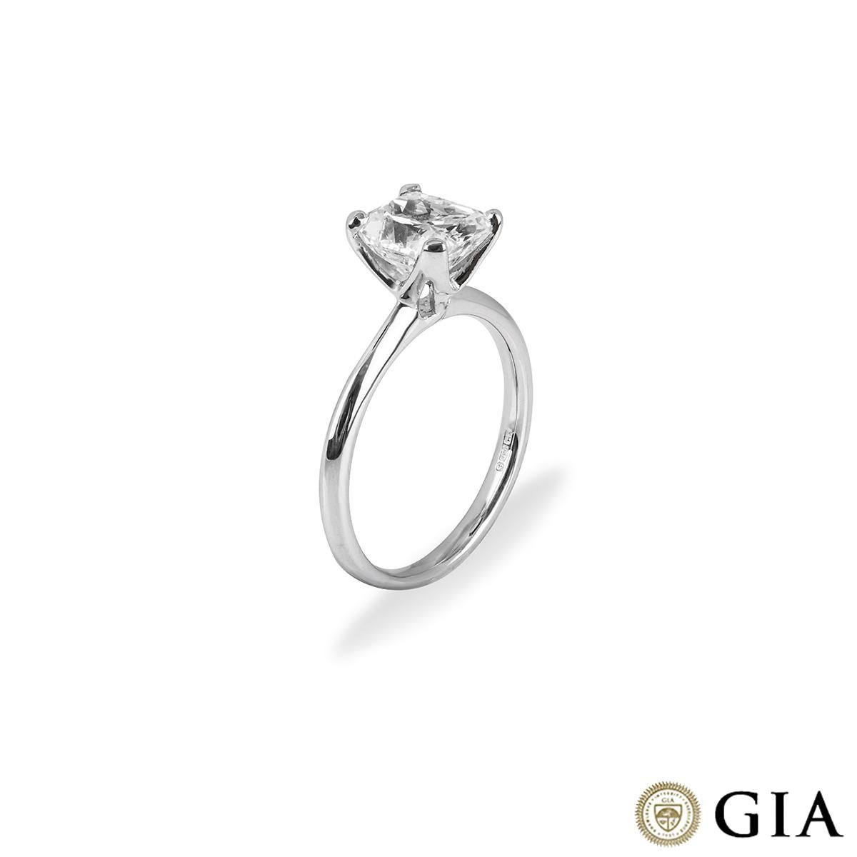 An 18k white gold cushion cut diamond ring. The ring comprises of a cushion cut diamond in a four claw setting with a weight of 2.00ct, I colour and SI1 clarity. The ring is a size UK N, EU 53 and US 6½ but can be adjusted for a perfect fit with a