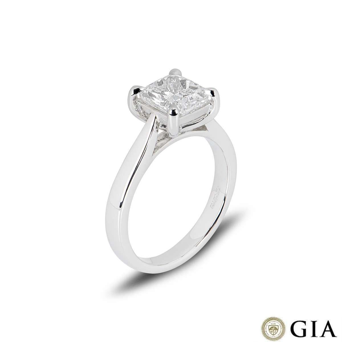 A stunning platinum cushion cut diamond engagement ring. The ring comprises of a cushion cut diamond in a four claw setting with a weight of 2.00ct, F colour and VS2 clarity. The ring is currently a size UK M - EU 52 - US 6 but can be adjusted for a