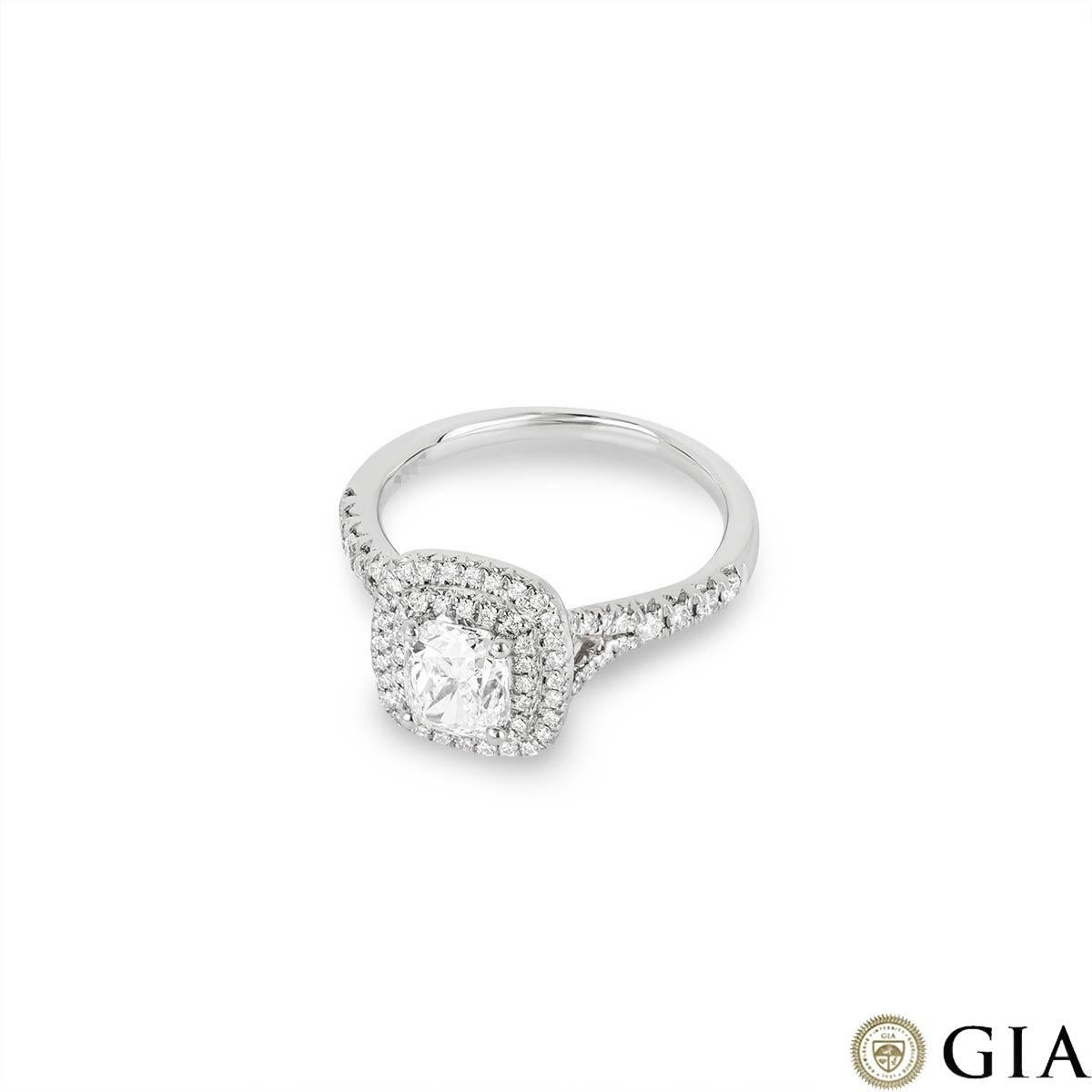 GIA Certified Platinum Cushion Cut Diamond Ring 1.01ct D/SI2 In Excellent Condition For Sale In London, GB