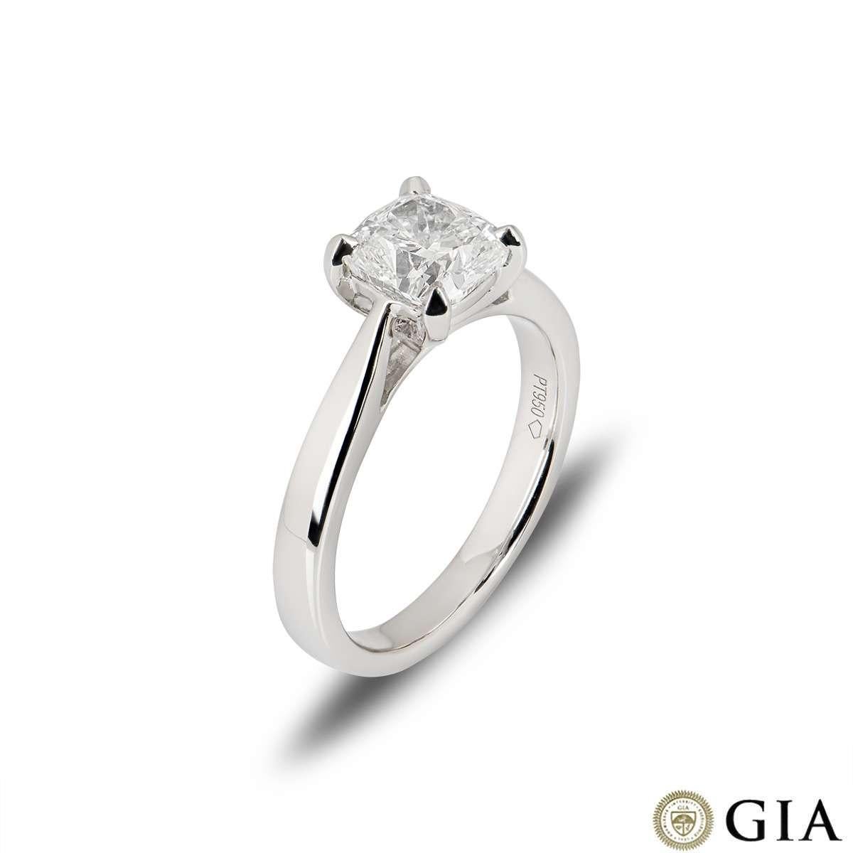 A stunning platinum cushion cut diamond engagement ring. The ring comprises of a cushion cut diamond in a four claw setting with a weight of 1.51ct, H colour and VS1 clarity. The ring is currently a size UK M / EU 52 / US 6 but can be adjusted for a