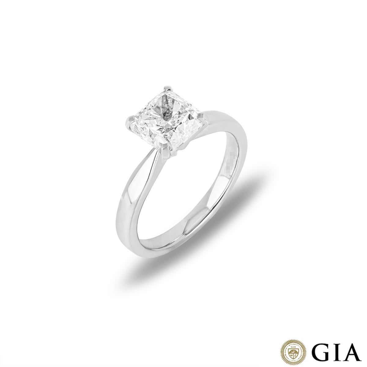 A stunning platinum cushion cut diamond engagement ring. The ring comprises of a cushion cut diamond in a four claw setting with a weight of 2.07ct, H in colour and VVS2 clarity. The ring has a gross weight of 5.50 grams and is currently a size UK
