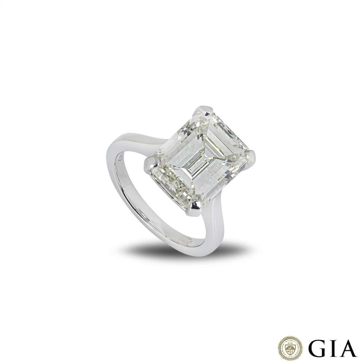 A spectacular emerald cut diamond ring in platinum. The diamond is set within a classic 4 claw setting and weighs 8.02ct, O-P colour range and VS2 clarity. The ring is currently a size UK M½ - EU 53 - US 6.5 but can be adjusted for a perfect fit and