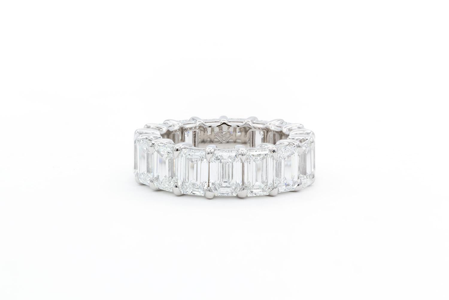 We are pleased to offer this Brand New Unworn GIA Certified Platinum & Emerald Cut Diamond Eternity Band. This stunningly beautiful eternity band features 17 individual GIA certified and laser inscribed emerald cut diamonds all set in a platinum