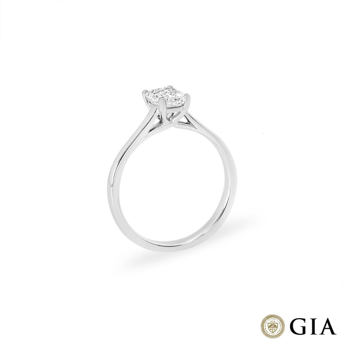 An amazing platinum diamond engagement ring. The solitaire features an emerald cut diamond set in a four prong mount weighing 0.74ct, D colour and IF clarity (internally flawless). The 2.2mm wide ring has a gross weight of 3.16 grams and is