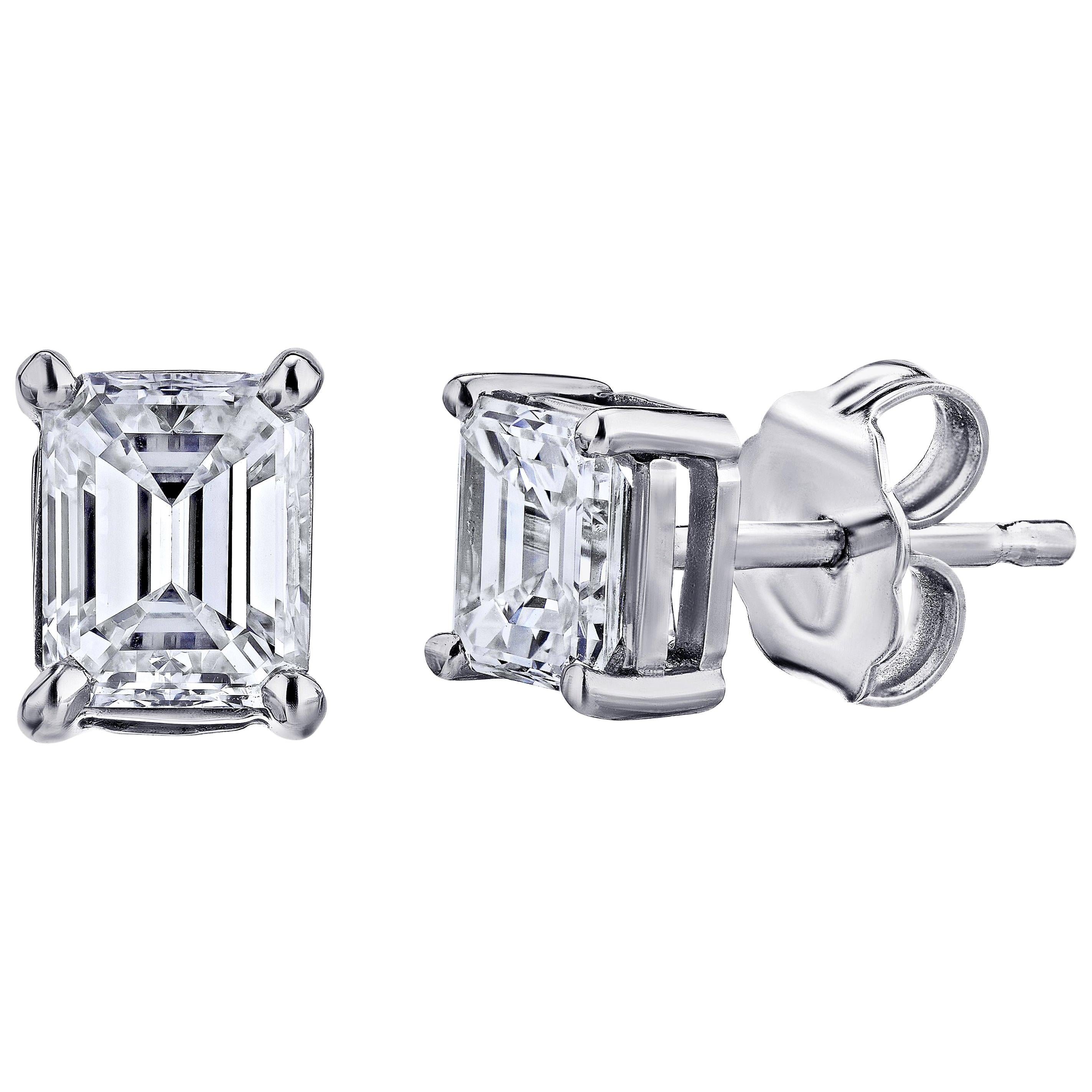 GIA Certified Platinum Emerald Cut Diamond Studs 1.00 Carat Total For Sale