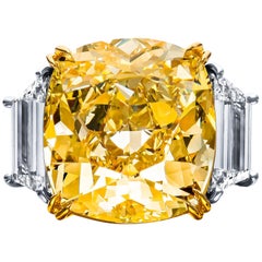 GIA Certified Platinum Fancy Yellow Diamond Ring 27.64 Carat Total Weight