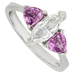 GIA Certified Platinum Marquise Cut Diamond & Pink Sapphire Ring 0.91ct F/VS2