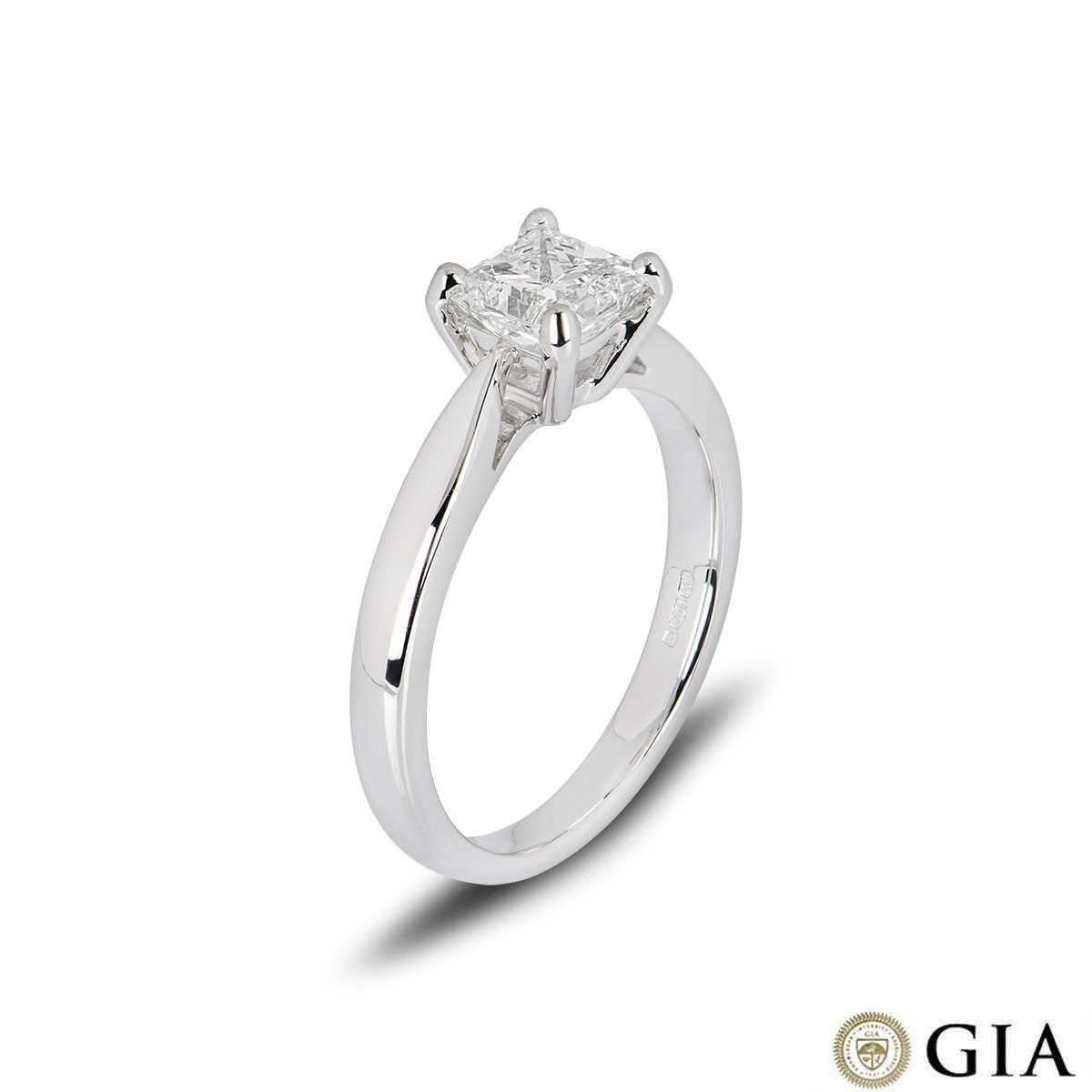 A princess cut diamond ring in platinum. The ring is set with a 1.03ct princess cut diamond, G colour and VS1 clarity. The ring is currently a size UK M - EU 52 - US 6 but can be adjusted for a perfect fit and has a gross weight of 5.2 grams.

The