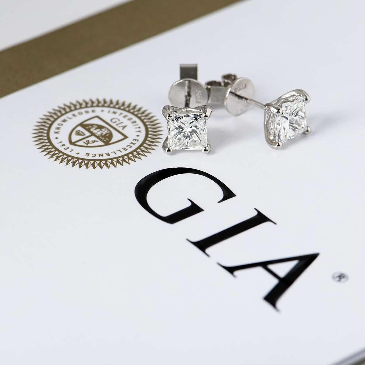 GIA Certified Platinum Princess Cut Diamond Stud Earrings 2.40 Total Carat 3