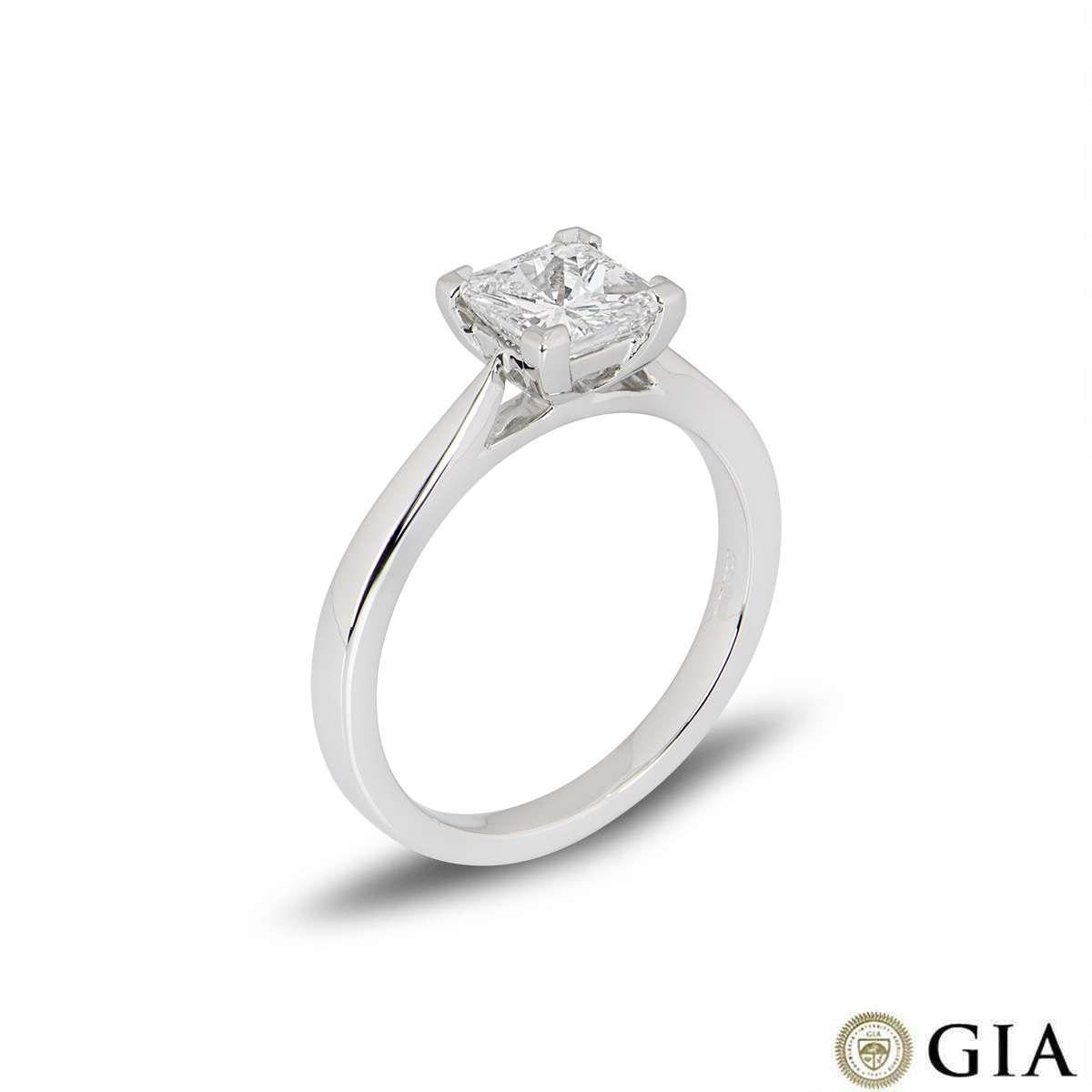 A gorgeous platinum diamond ring. The ring is set with a radiant cut diamond weighing 1.03ct, F colour and VS1 in clarity set within a classic four claw mount. The ring is currently a size UK M - EU 52 but can be adjusted for a perfect fit and has a