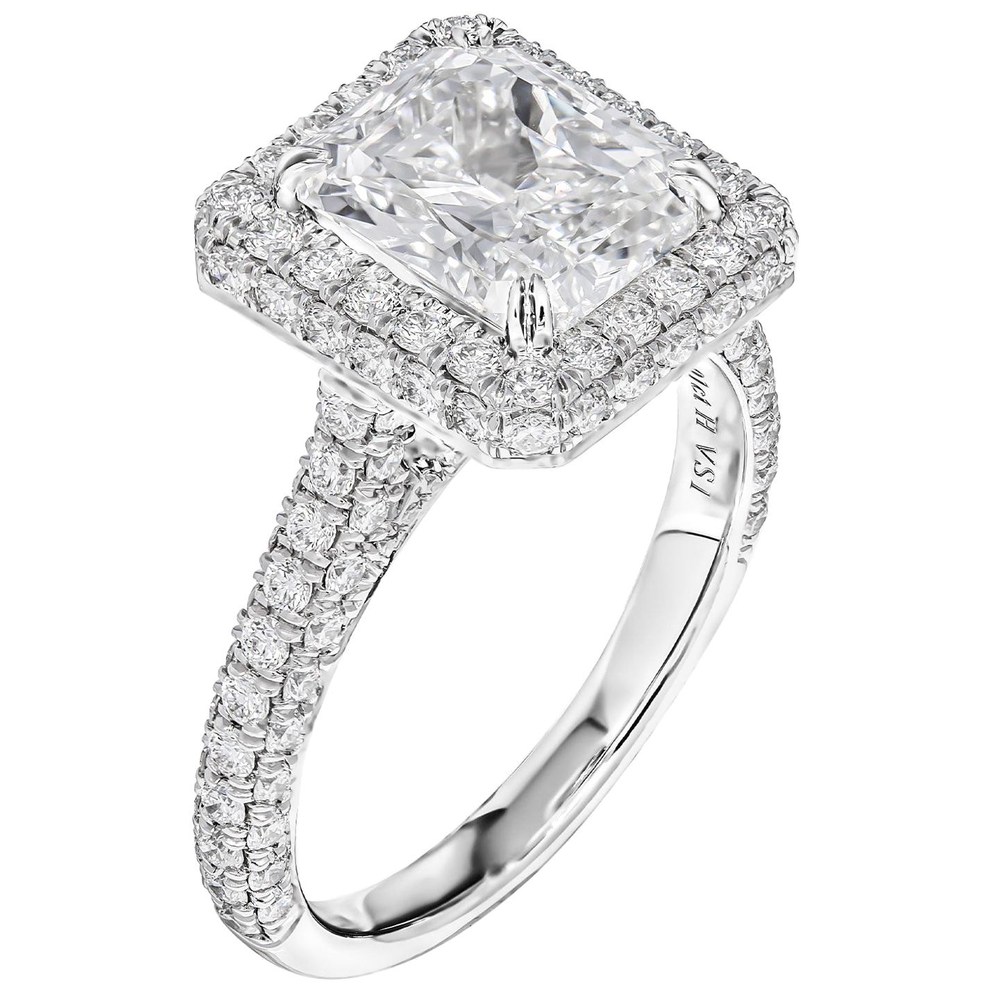 GIA Certified Platinum Ring with 3.01 Carat Radiant Cut Diamond For Sale