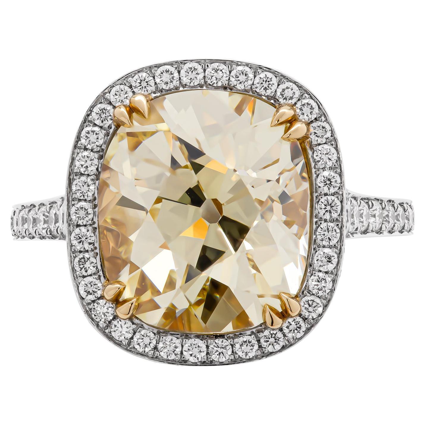 Mounted in handmade custom design setting featuring Platinum 950 & 18K Yellow Gold, diamond cathedral shank with diamonds, that forms beautiful gallery under center stone, a true piece of art, Double Edge Halo around center stone makes it appear